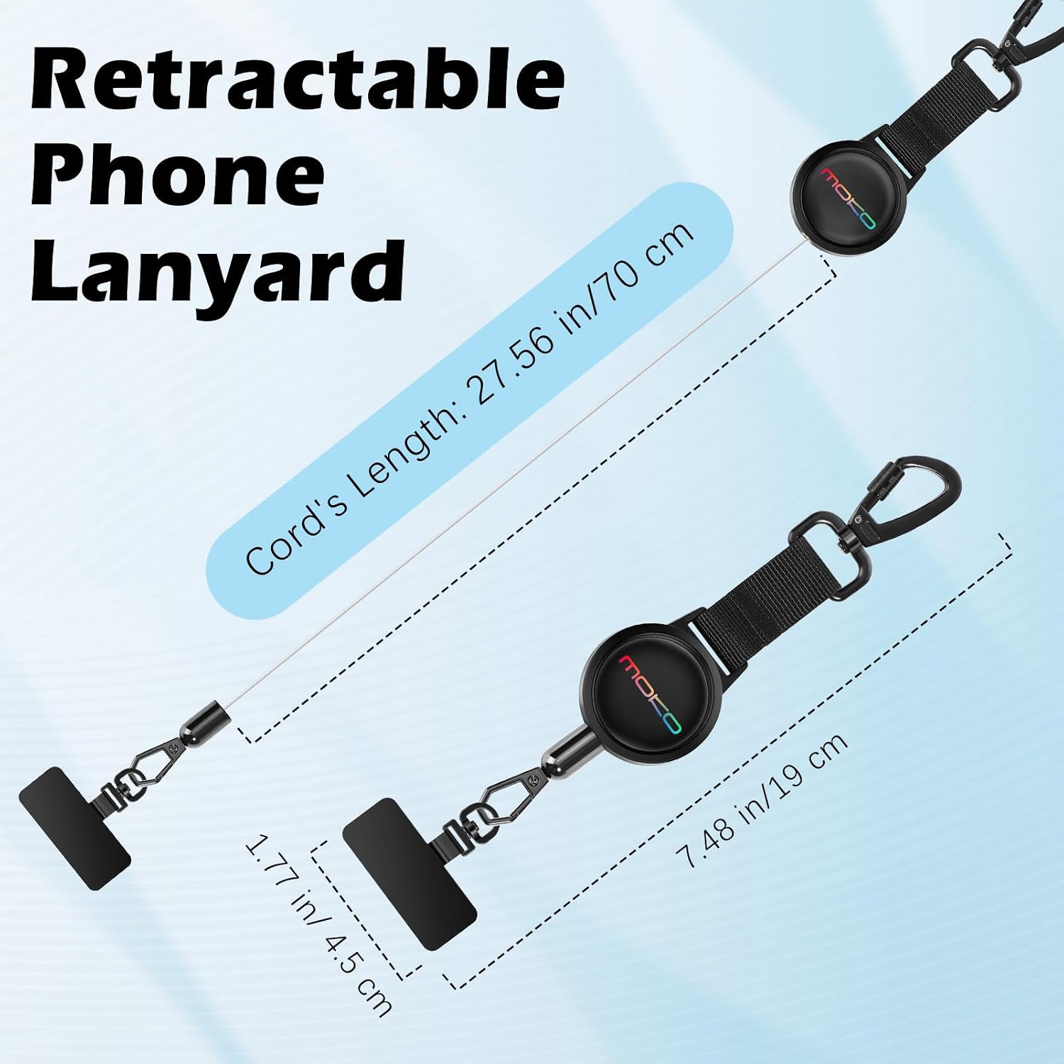 MoKo Anti-theft Phone Tether, Phone Lanyard Retractable Steel Line Cellphone Strap with Locking Carabiner and Metal 360° Tether Tab for Outdoor Skiing Hiking Climbing Fishing, Black&Colorful