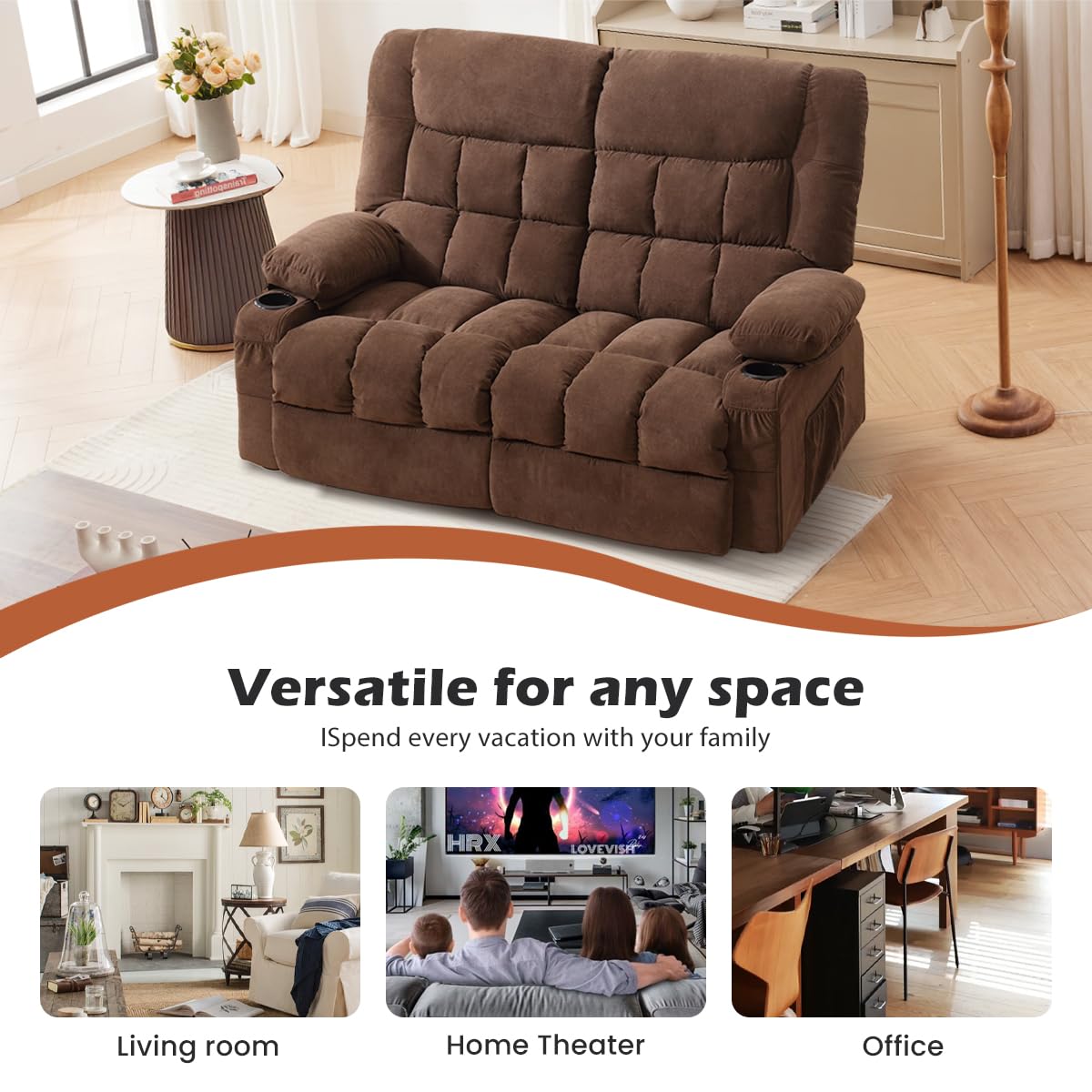 MAHOMICO Recliner Loveseat with Cup Holders for Living Room Love Seat Manual Oversized Recliner with Ergonomic, Side Pocket for Adult view 4