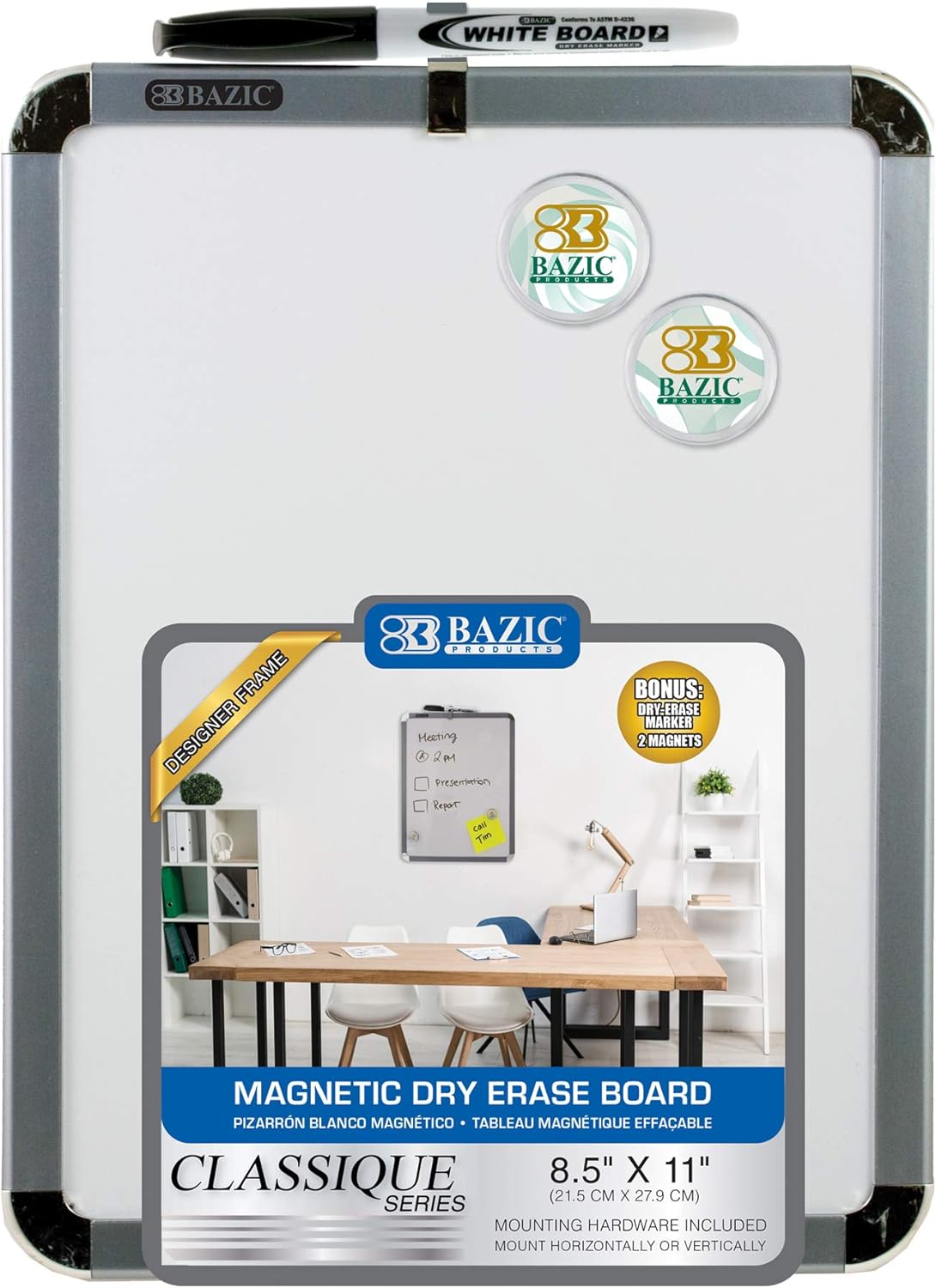 BAZIC Products Magnetic Dry Erase Whiteboard & Marker + 2 Magnets, White Board 8.5"x11", Metallic Frame Easy Mount Adhesive Foam, for Office Home Teacher, 12-Pack