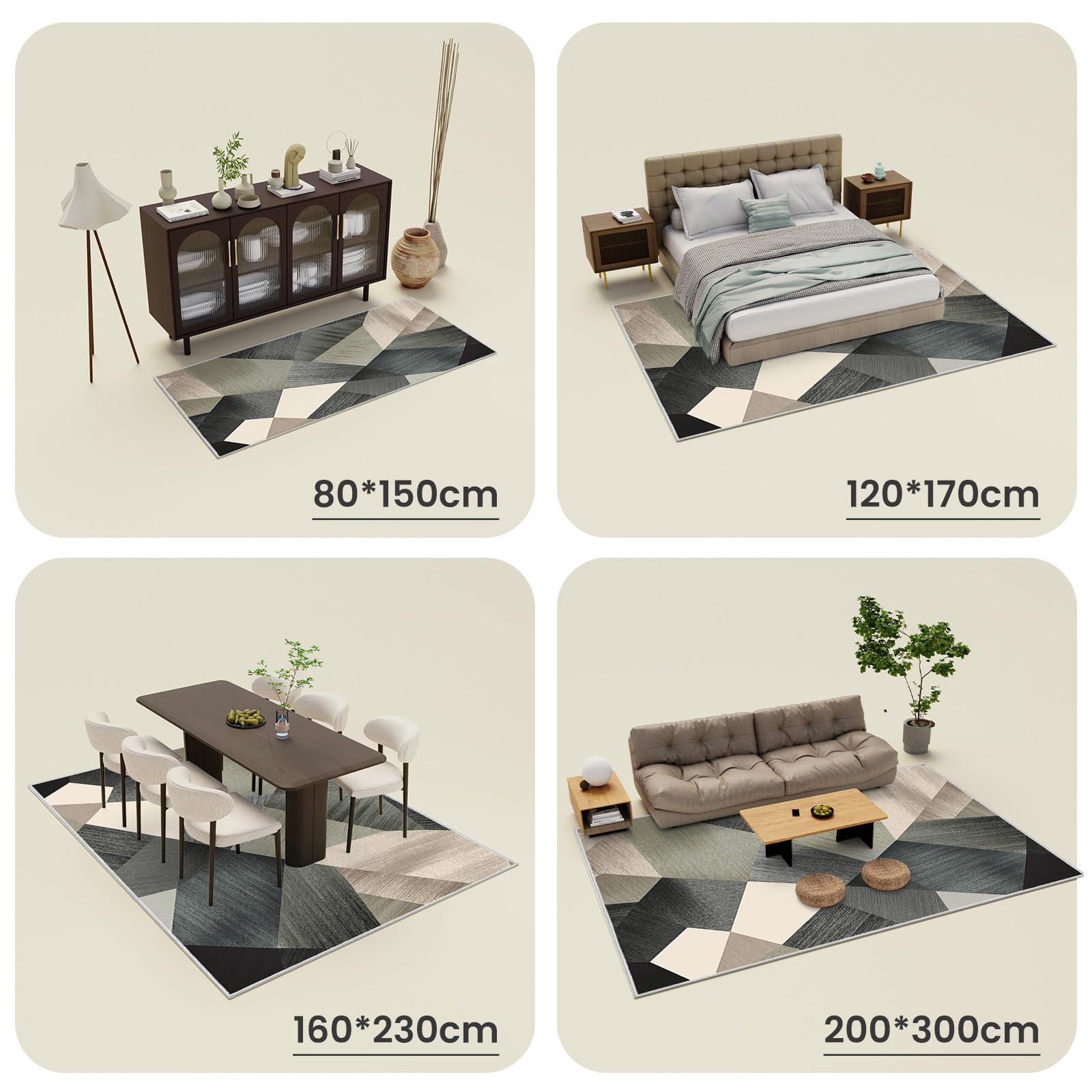 HOMFINE Alfombra Salon Moderna Verde 200x300 cm (Esponja 10 mm) - Lavable en Lavadora Antideslizante Pelo Corto Suave para Dormitorio Salón Comedor Cocina