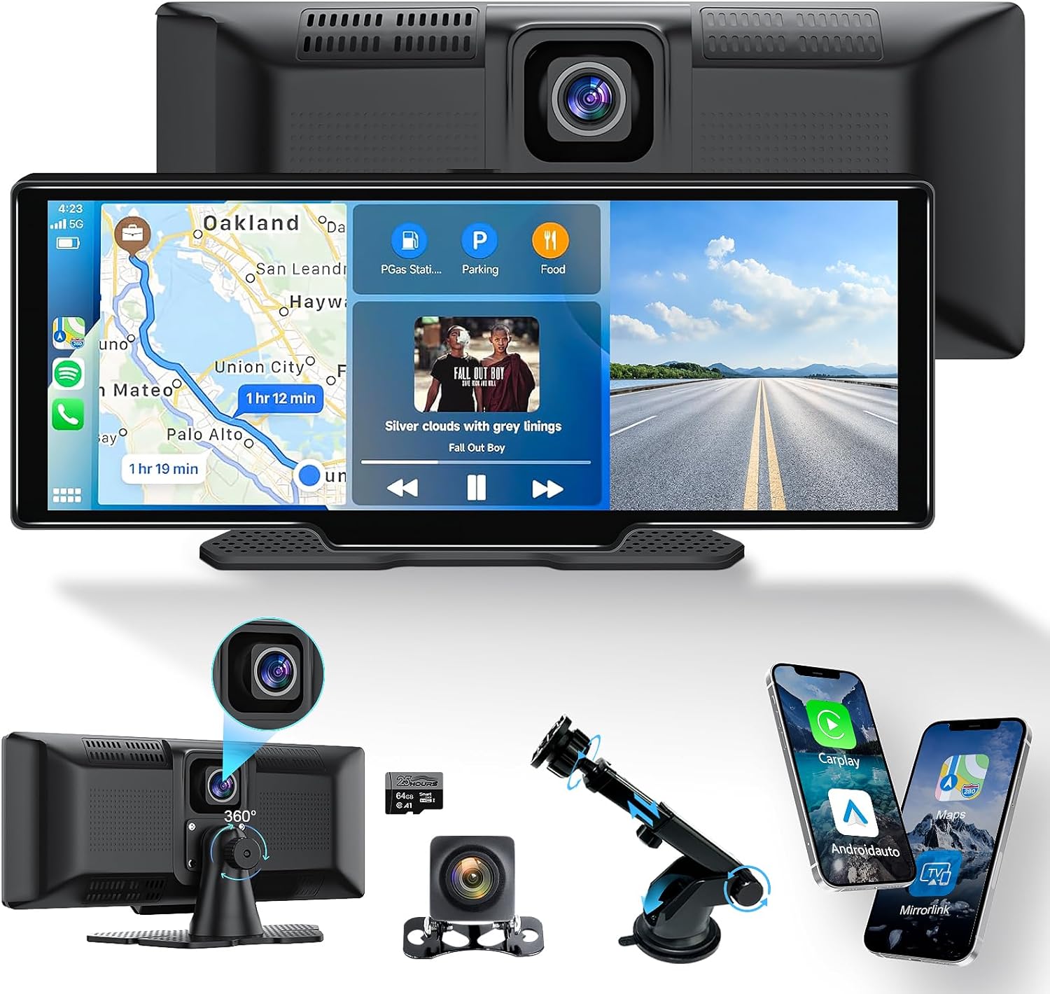 Portable Carplay Screen 10.26” HD IPS Apple Carplay & Android Auto Screen for Car, Wireless Car Play Stereo with 4K Dash Cam/1080P Rear Camera, Car Audio Receivers,GPS Navigation,Mirror Link,FM,Siri