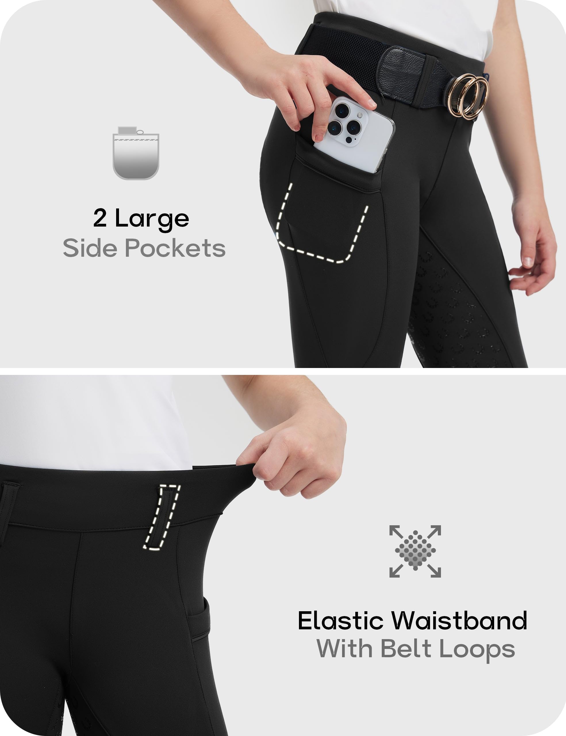 FitsT4 Sports Reithose Mädchen Kinder Silikon Vollbesatz Reitleggings Reiten Hosen Elastische Reiterhosen mit 2 Seitlichen Taschen und Gürtelschlaufen