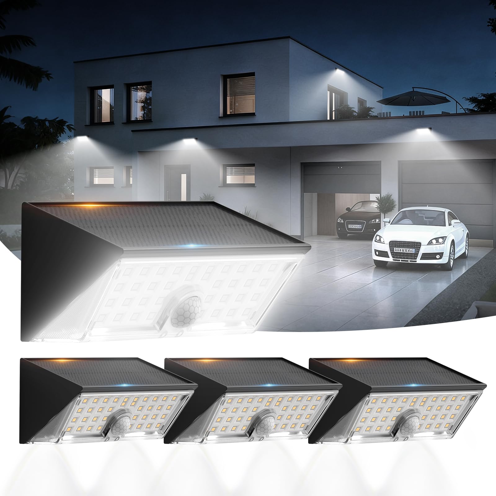 Smiling Shark WL-06L Luces Solares Exterior Sensor Movimiento, Aplique Solar Exterior Pared Doble Uso 4 Modos IP65 Impermeable LED Lámparas Solares Blanca Fría para Jardín Valla Patio, 4 Piezas