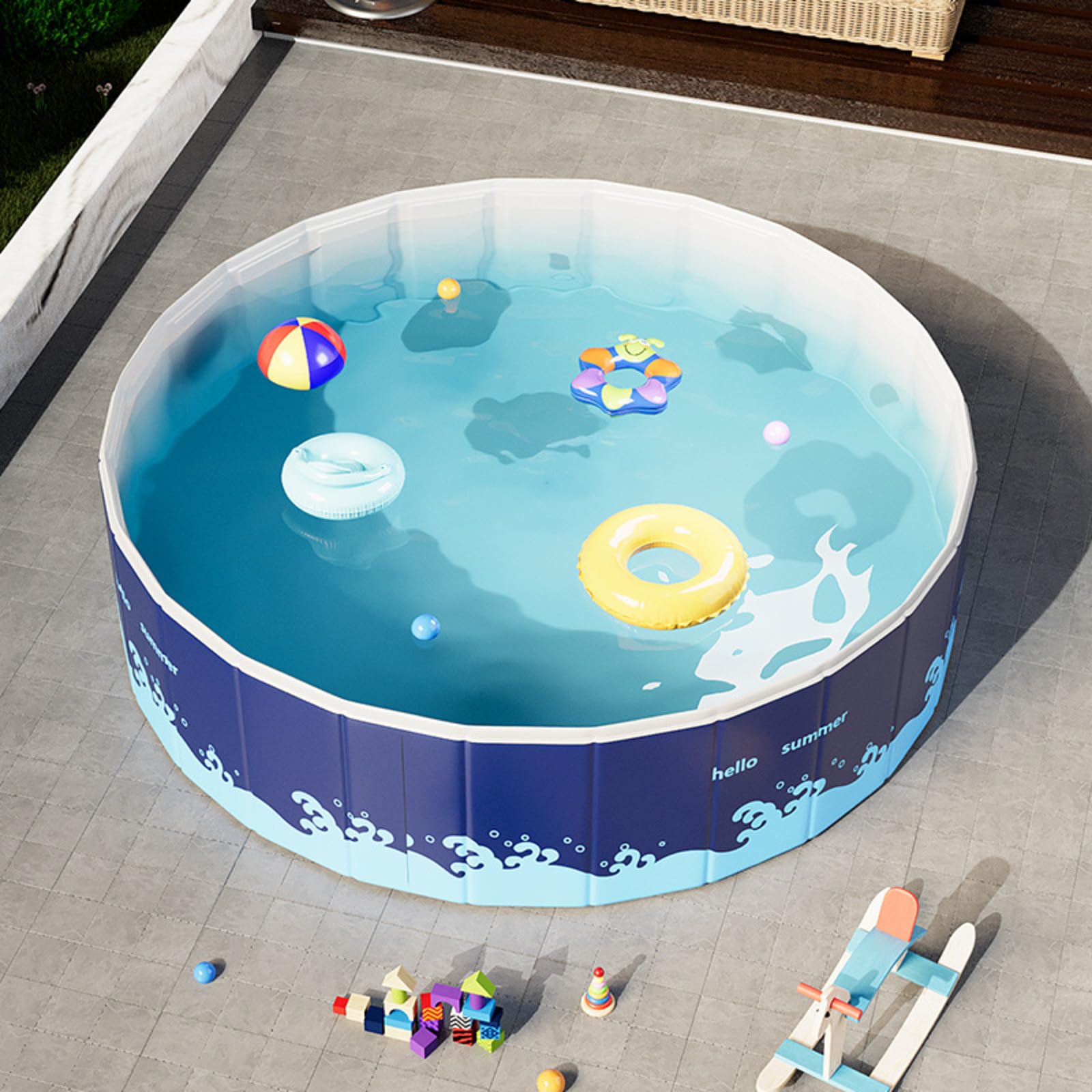 Piscina Plegable Sin Hinchado para Niños y Perros Grandes - PVC 5-Capas Ultra-Resistente, No Inflable/Sin Montaje, Fácil Limpiar y Almacenar para Jardín/Patio (Azul, 150 * 48cm)