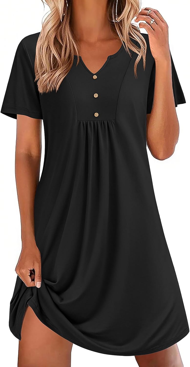 Ekouaer Nightgowns for Women Cotton Night Gowns Pleated Nightshirts Henley V Neck Sleepshirts Short Sleeve Sleepwear