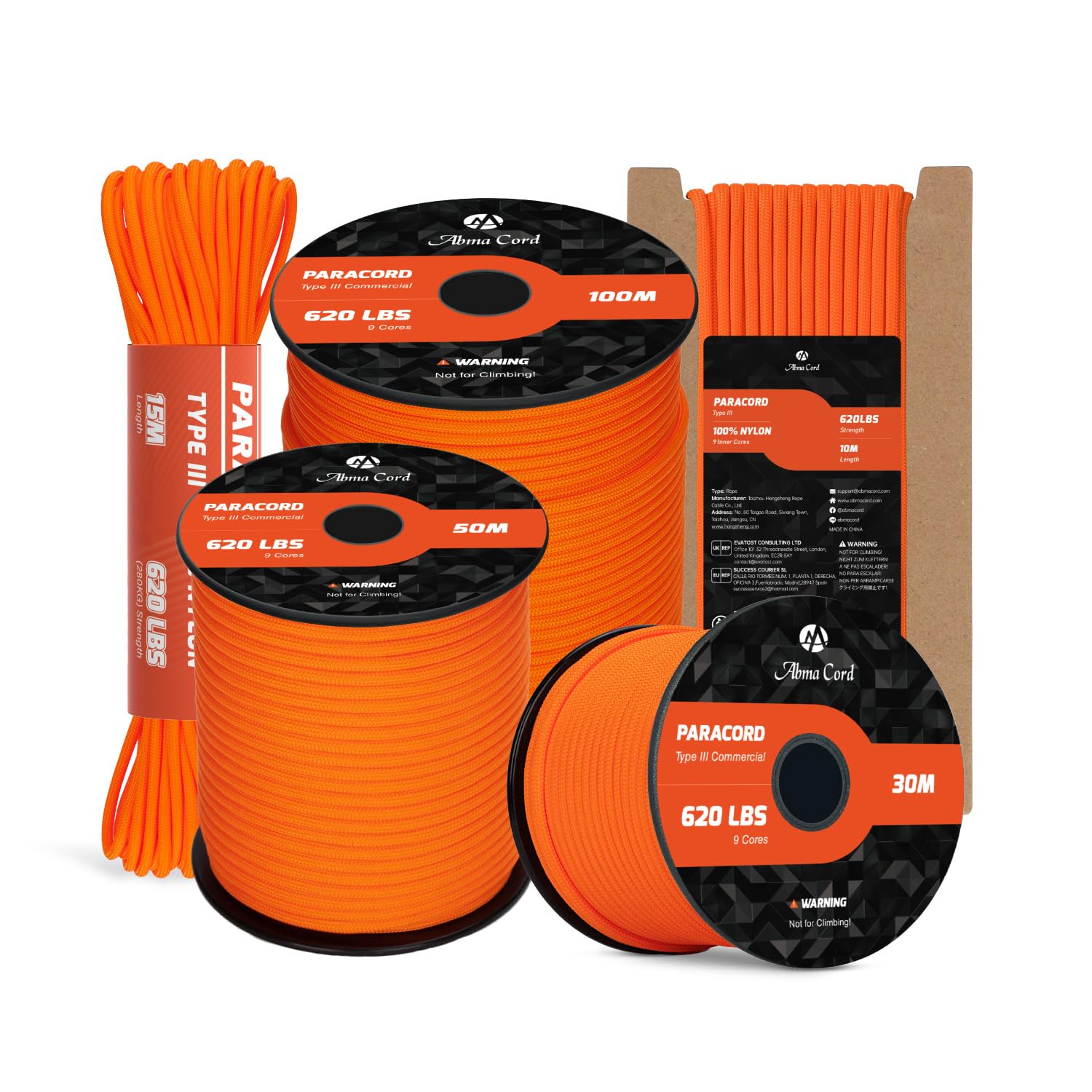 Abma Cord Orange Paracord 4Mm 10M 100% Nylon Rope 9 Strands Type Iii Parachute Cord For Diy, Camping, Survival, Outdoor - Max. 280Kg