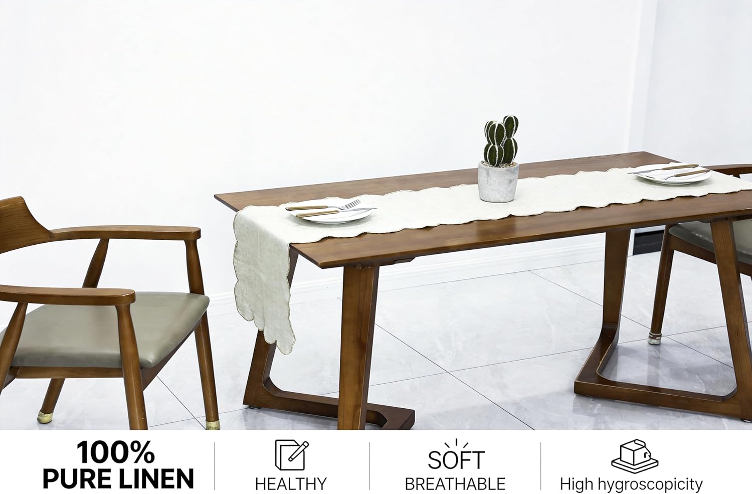 100% Natural Linen Rustic Scalloped Embroidery Table Runner 90 Inches Long, Linen Table Runner 14 x 90 Inch for Dresser and Dining Tables Decor, 6-8 Sets, 14''x90'' Linen(Edges-Gold)