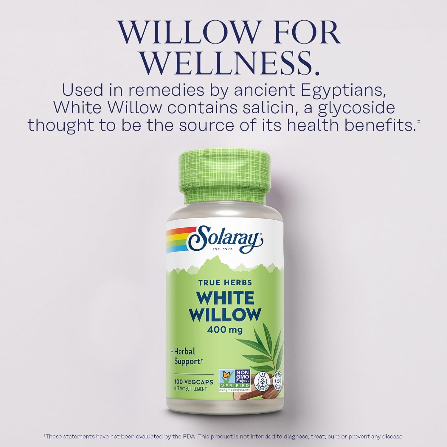 SOLARAY White Willow Bark Capsules 400 mg for Men & Women - Natural Herbal Supplement, White Willow Herb Caps for Wellness Support, Non GMO, Vegan - 100 Veg Caps - Image 3