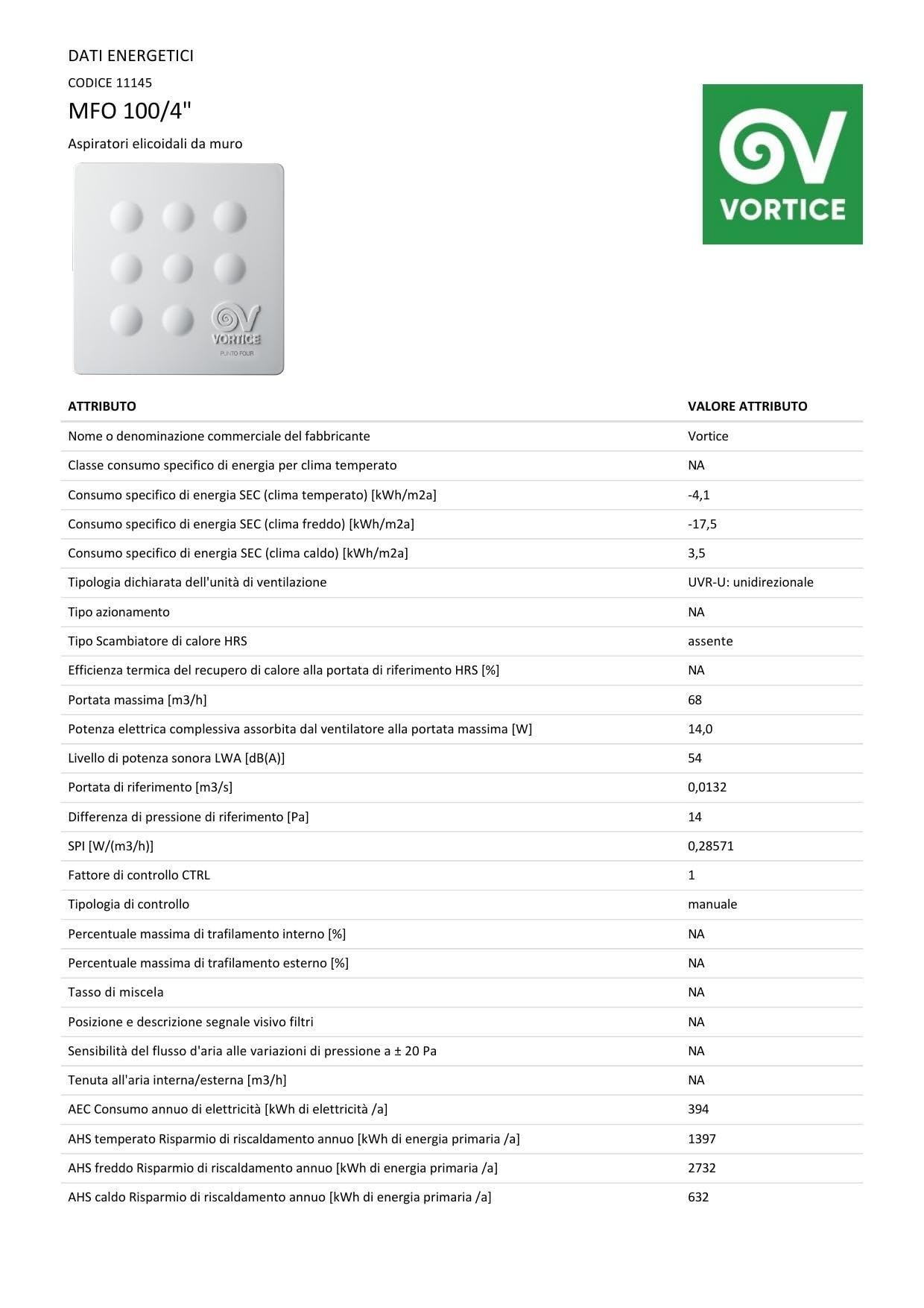 Vortice MFO100/4 11145 Aspiratori elicoidali da muro 10CM, Senza timer, 15 W, Bianco