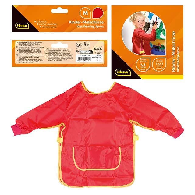 Foto 3 de 4 de Idena 611186 - Delantal para manualidades para niños, talla M de 7 a 8 años, bata de pintor roja de manga…