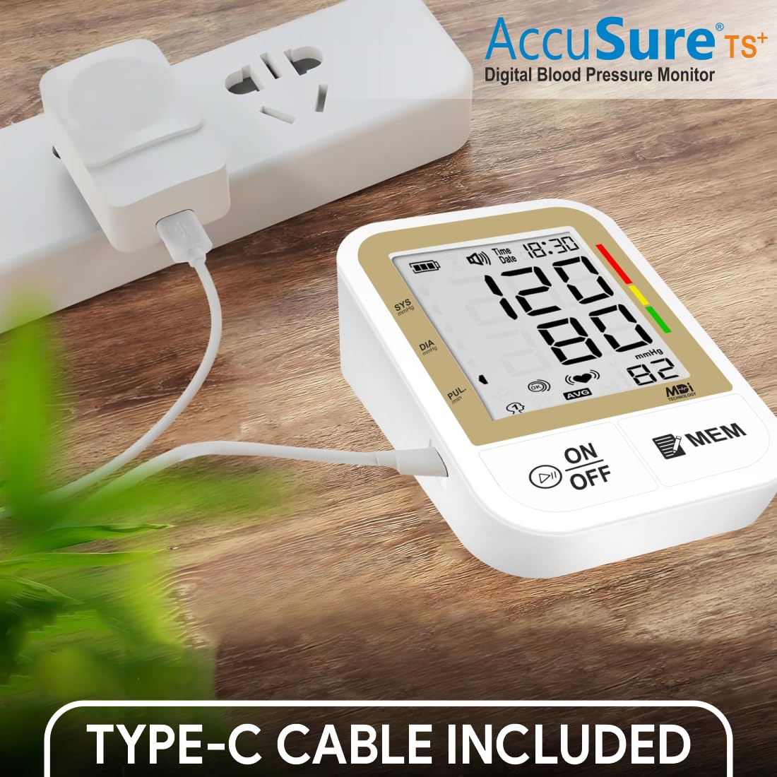 AccuSure TS Plus Blood Pressure Monitor β Fully Automatic | Simple, Reliable & Accurate | Digital BP Monitor includes Type-C USB power port 3