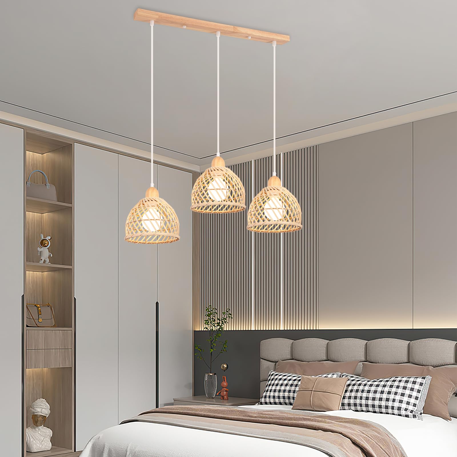 iDEGU 3 Lampade a Sospensione, Moderna, Lampada da Soffitto, in Legno e Bambù, Spirale, Vintage, E27, Lampada da Soffitto, Retro, Lampada a Sospensione, Rattan, per Sala da Pranzo, Cucina, Soggiorno