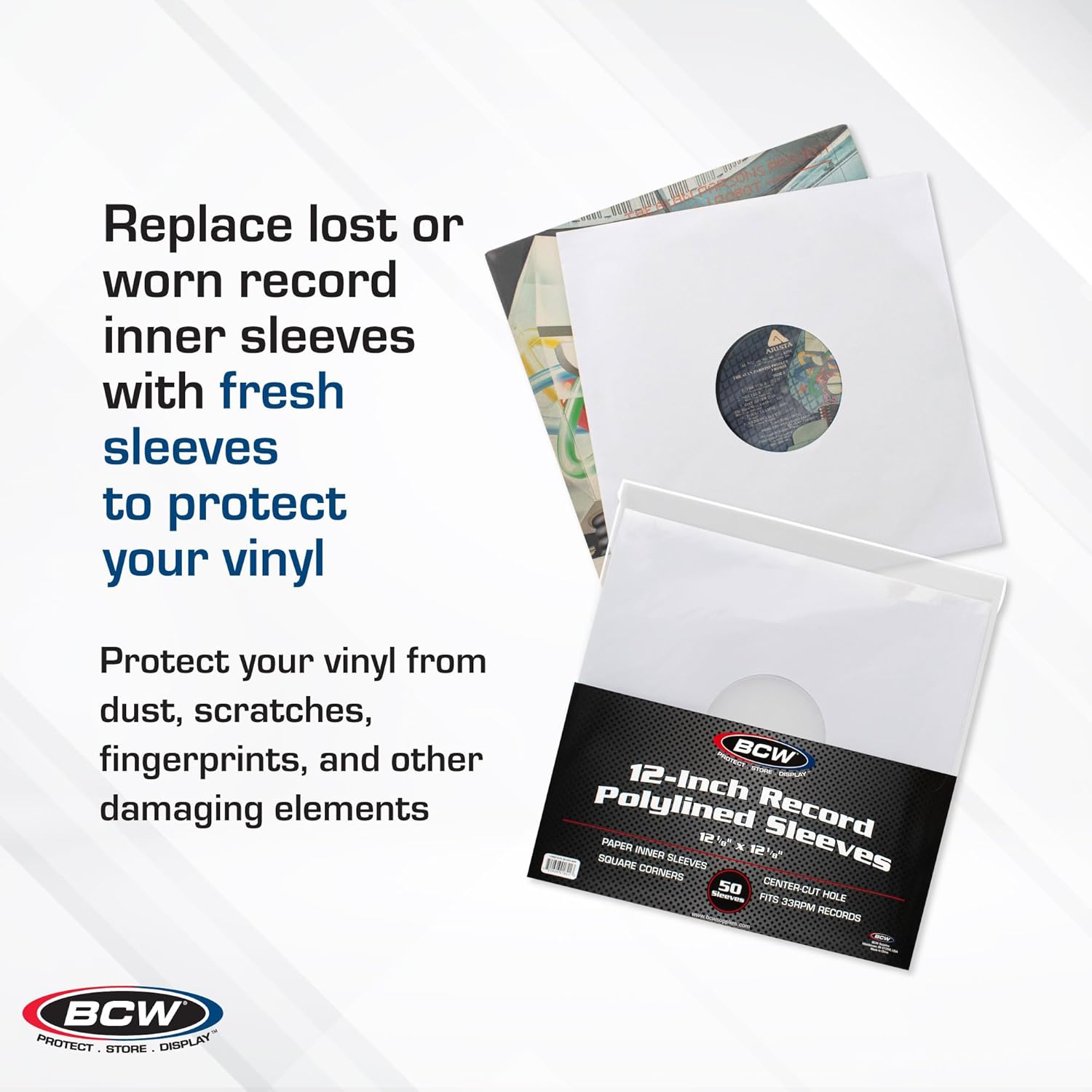 BCW 12-Inch Vinyl LP Record Sleeves - 50 Pack | White Polylined Inner Protective Sleeves with Center Hole for Vinyl Records | Acid-Free, Scratch Resistant | Ideal for DJs and Collectors
