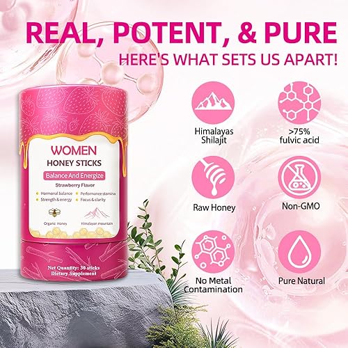 Miniatura 3 de Shilajit Palitos de miel para mujer, palitos de miel de fresa, palitos de miel multimineral para mujer, con shatavari y azafrán, 75% + ácido