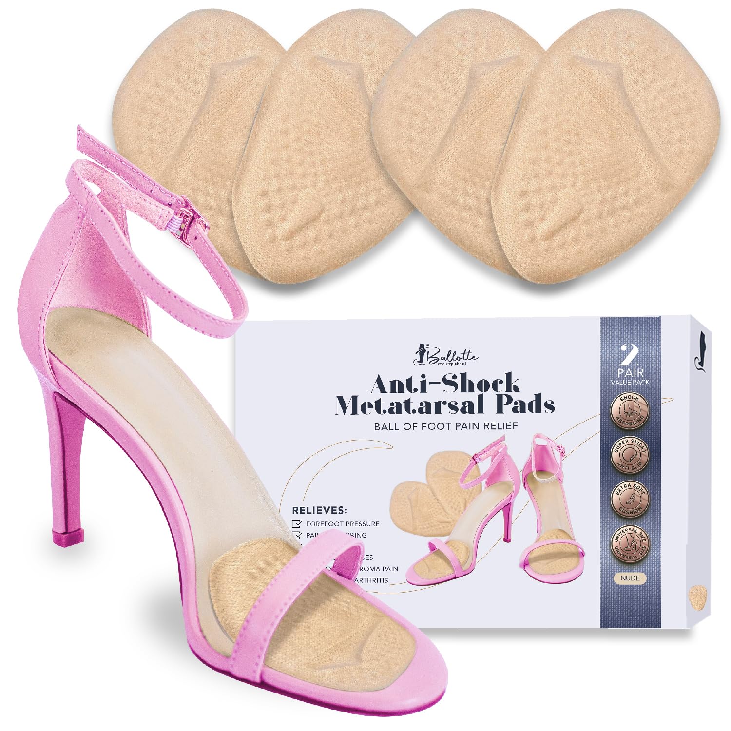 Ballotte Metatarsal Pads for Women Silicone Gel Foot Cushions for High Heels Ball of Foot Pain Relief Non-Slip Shoe Pads for Shock Absorption &