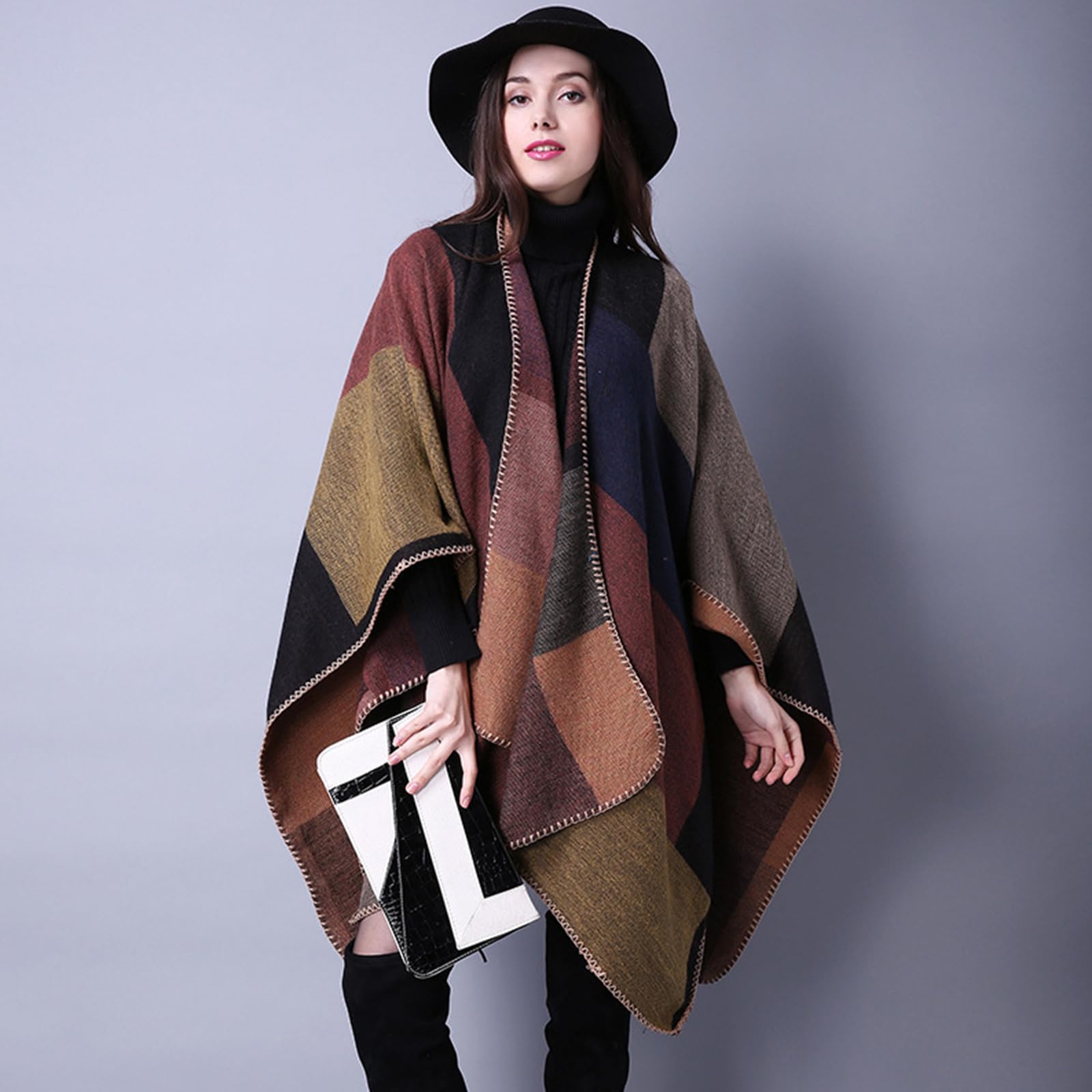 LumiSyne Invierno Chal De Cachemira Mujer Poncho De Punto Capa Bloques De Color Patrón a Cuadros Frente Abierto Poncho Cardigan Tartán Manta Capa Elegante Estola Chal Grande Cálida Pashmina Bufanda
