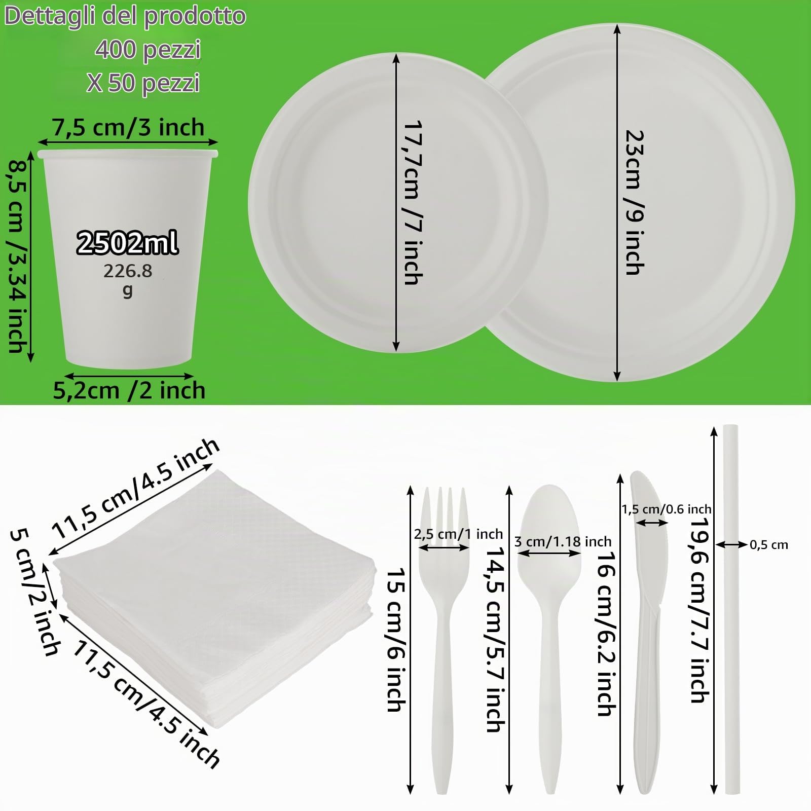 AKOLAFE Set di 400 piatti di carta, ecologici, usa e getta, biodegradabili, 50 persone, con forchette, coltelli e cucchiai, per compleanno, barbecue, picnic, feste
