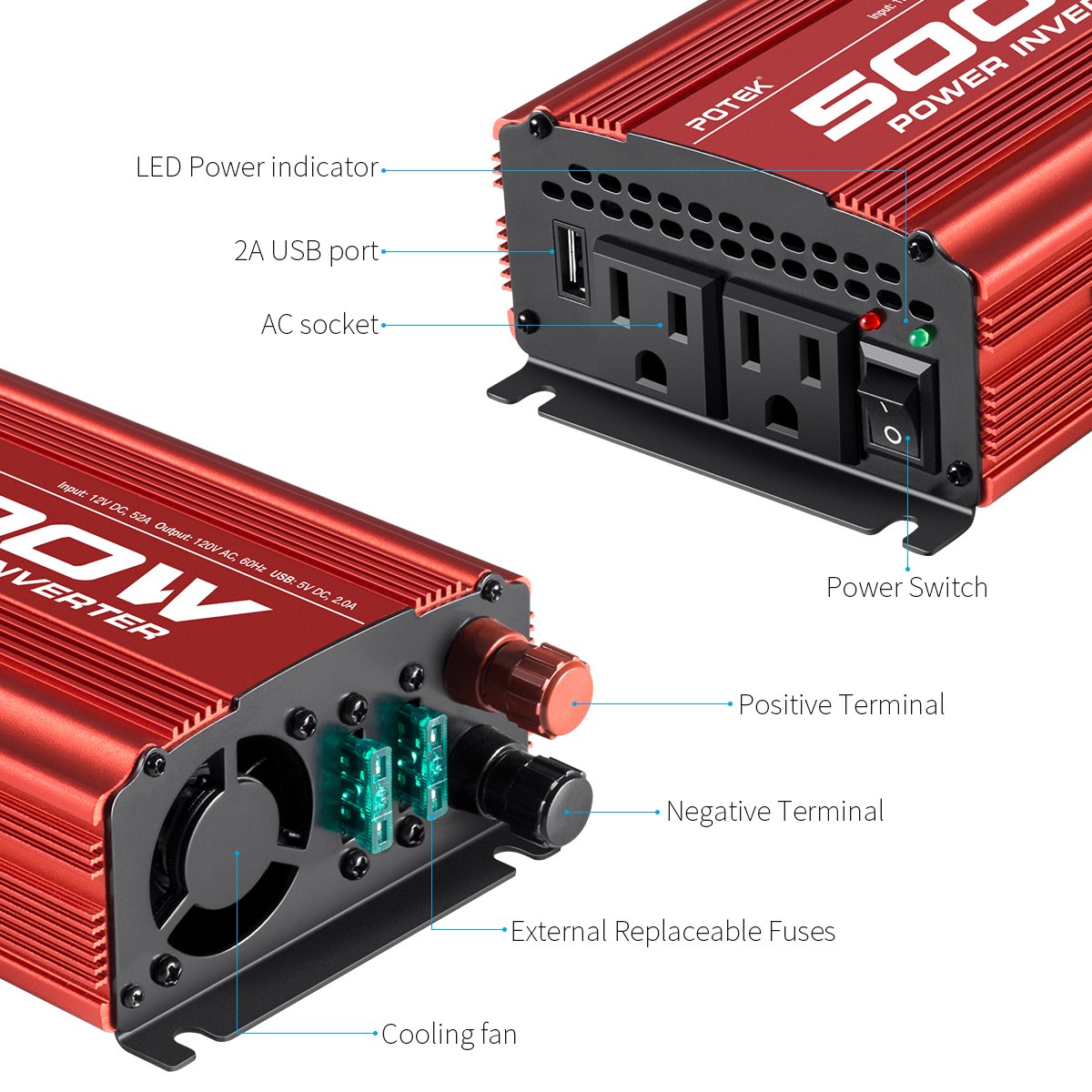 Potek Inverter Di Corrente 500W – Convertitore Da 12V A 230V Per Auto E Camper