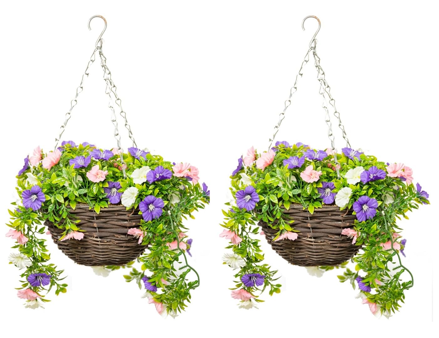 Primrose Premium Large Artificial Outdoor Hanging Baskets with Flowers (White, Purple & Pink Petunia, Set of 2)