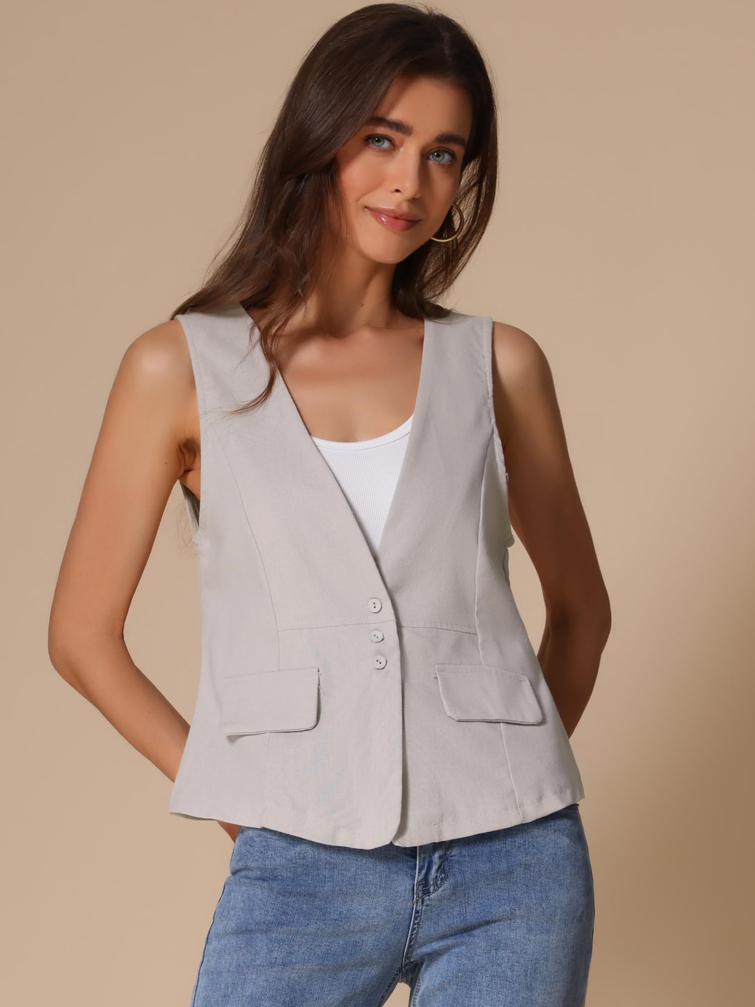 Allegra K Donna Gilet Casual In Lino, Giacca Leggera Senza Maniche, Blazer Leggero