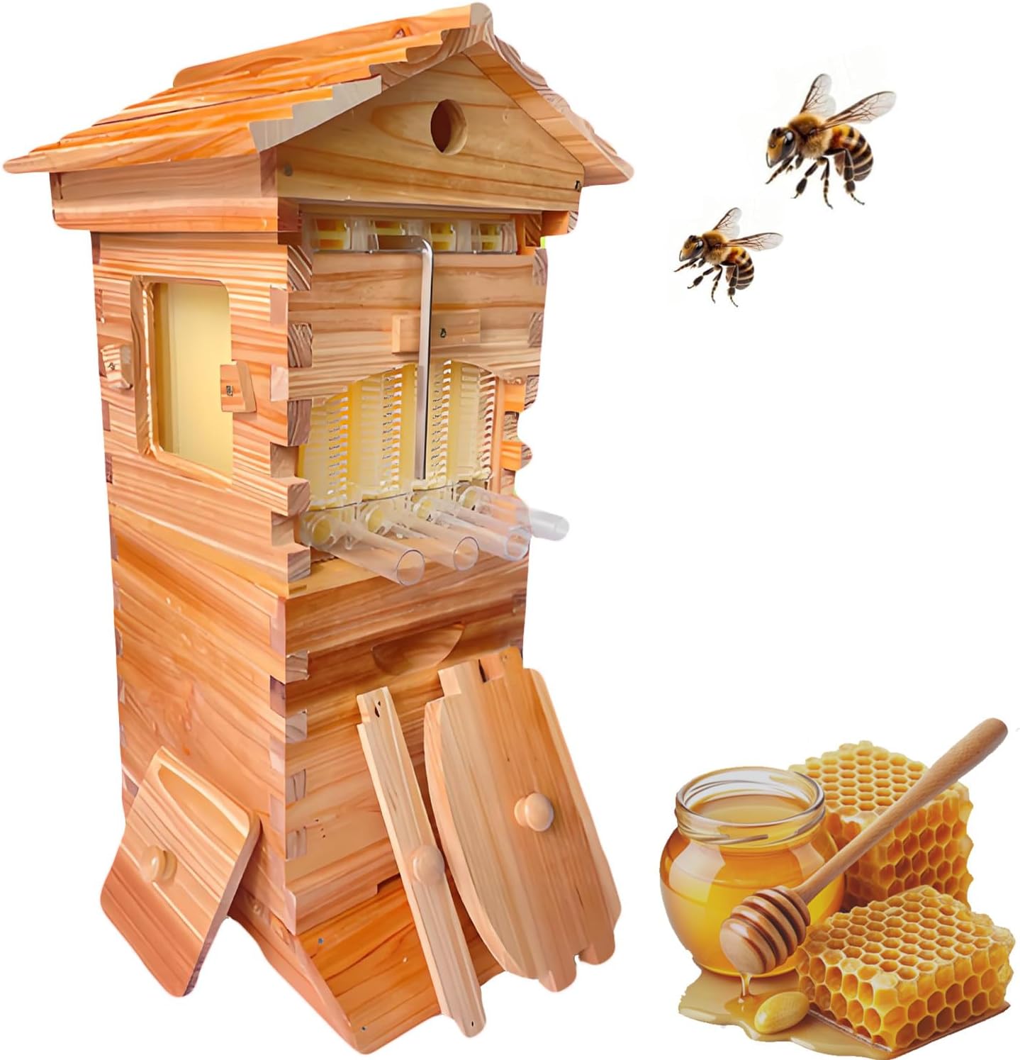 Self-Flowing Honey Beehive Kit, Wooden Beekeeping Box with 4 Frames & 6 Honeycomb Trays, Ideal for Garden Pollinators & Honey Production, Clete Beehive Sr Kit