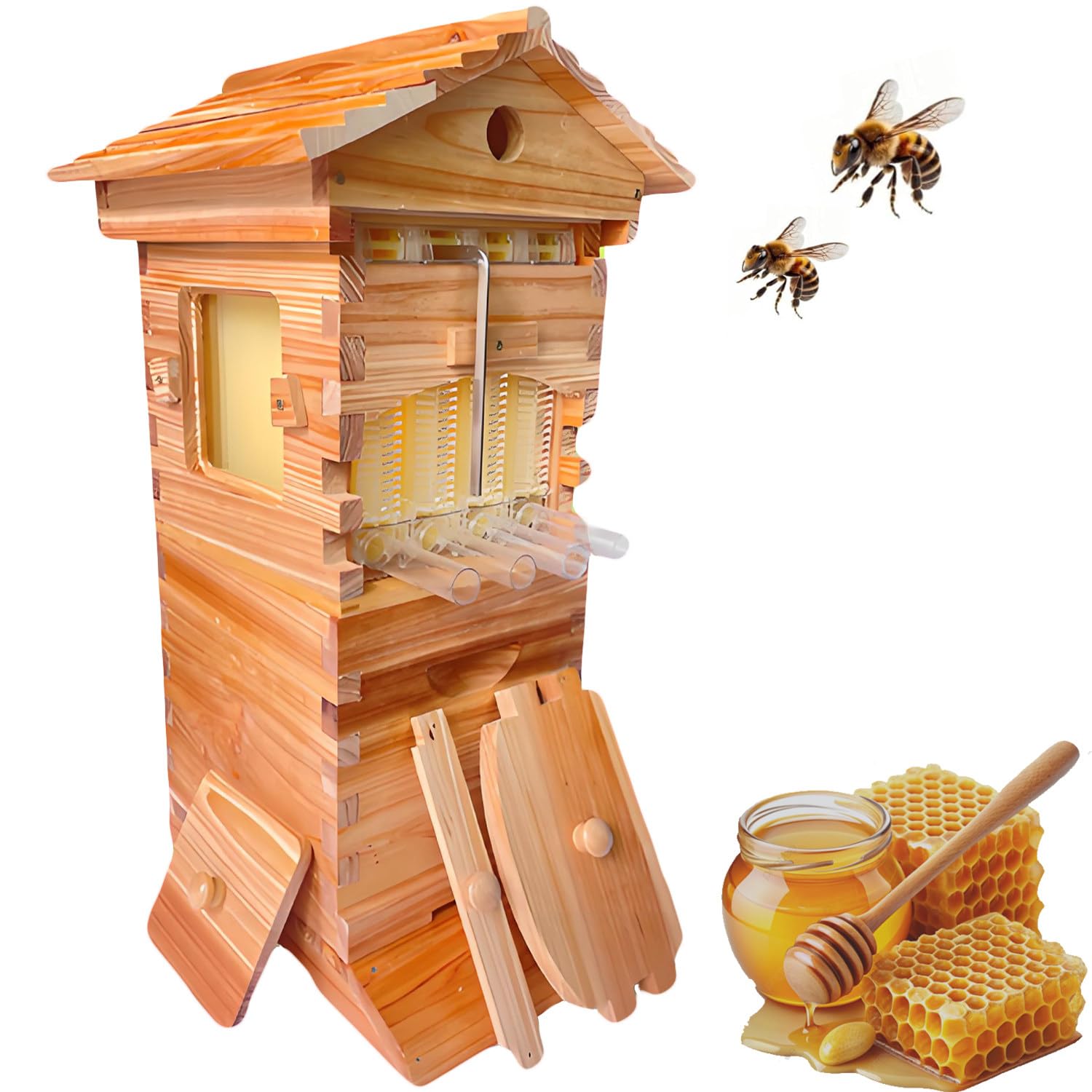 Kit de démarrage pour Ruche, Ruche à Miel Auto-Flux, Ruche en Bois complète avec 4 Cadres et 6 Plateaux à Miel, pour l'apiculture et Les pollinisateurs de Jardin