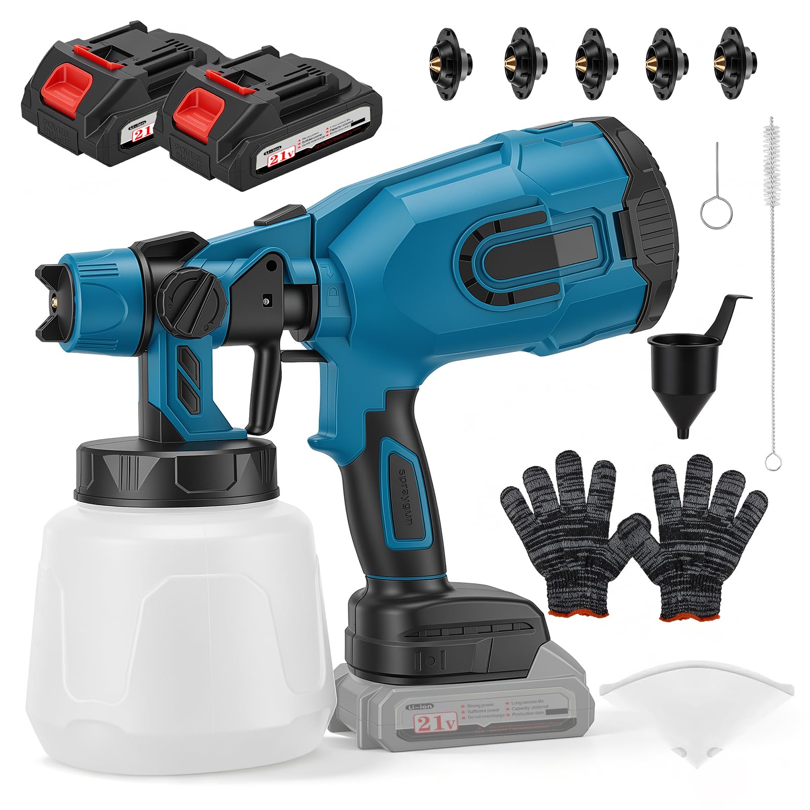 Akku Farbsprühsystem,Sprühpistole Wandfarbe mit 21V, Akku Farbspritzpistole mit 5 Düse, Akku Spritzpistole mit 2 x 3000mAh, Wände, Decken, Hausanstrich und Außenbereich (Blue)