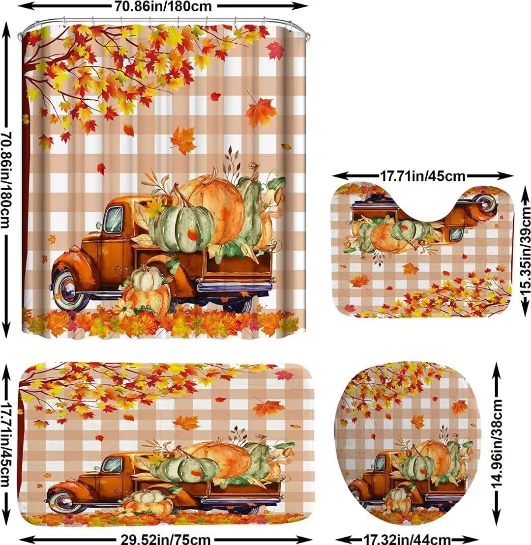 NBVKO 4PCS Fall Thanksgiving Day Shower Curtain，Autumn Pumpkin Truck Bathroom Shower Curtain Set with Non-Slip Rug Toilet Lid Cover Bath Mat 12 Hooks，Orange Maple Leaf Bathroom Decor Accessory Set