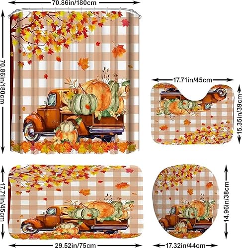 Miniatura 6 de Juego de cortina de ducha de 4 piezas, diseño de Acción de Gracias de otoño, calabaza, camión, cortina de baño con tapete antideslizante, cubierta