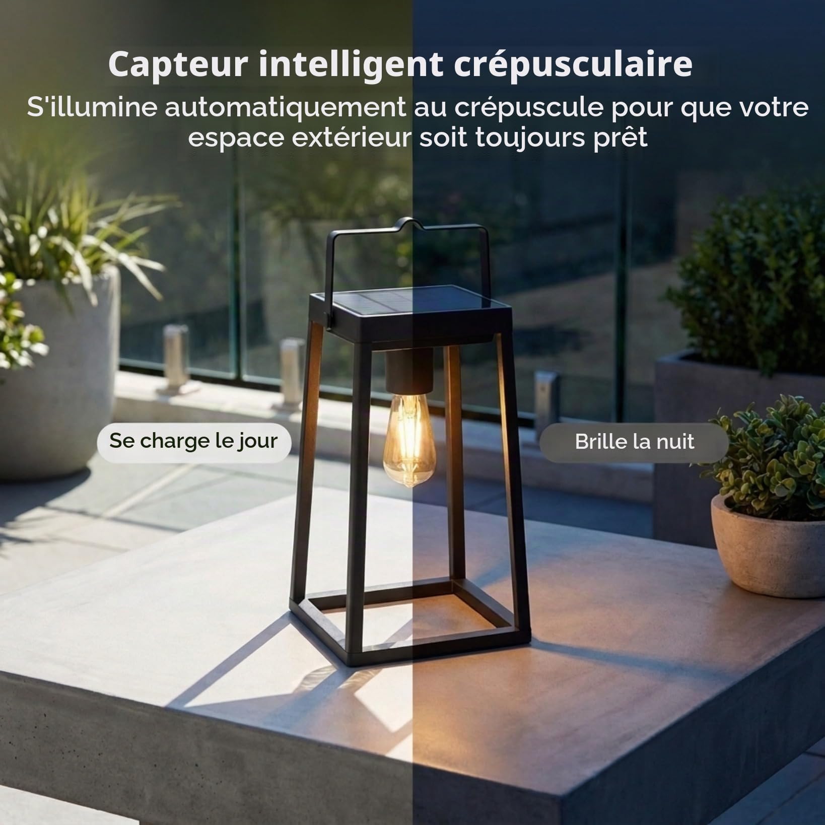 Auraglow Lanterne de Jardin Solaire et USB, Ampoule Filament Vintage | Lampe de Table Sans Fil Rechargeable, 48h d'autonomie, option Crépusculaire, aluminium noir mat, lueur rétro LED