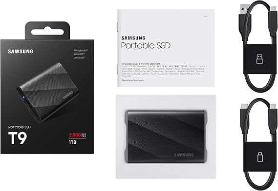 Samsung T9 Portable SSD 1TB, Up to 2,000MB/s, USB 3.2 Gen 2x2 External Solid State Drive, Up to 3 m drop resistant, for Creative professionals, YouTubers, Content creators, Mac compatible, MU-PG1T0B