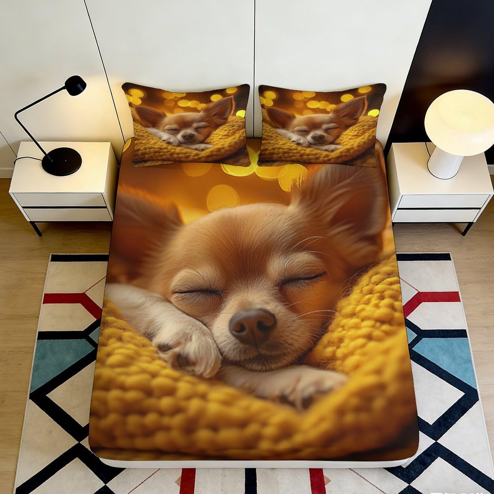 3D Printed Sleeping Chihuahua Fitted Sheet Microfiber Soft Breathable Cozy Blanket Mattress Cover for Bedroom Dormitory Guest Room Mattress Protection Decor 120x200x25cm