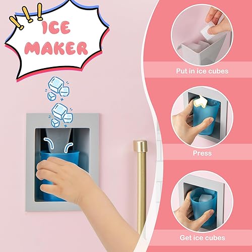 Miniatura 4 de Costzon Juego de cocina para niños, cocina de madera con parrilla de barbacoa, máquina de hielo, campana extractora, pizarra y accesorios de cocina,