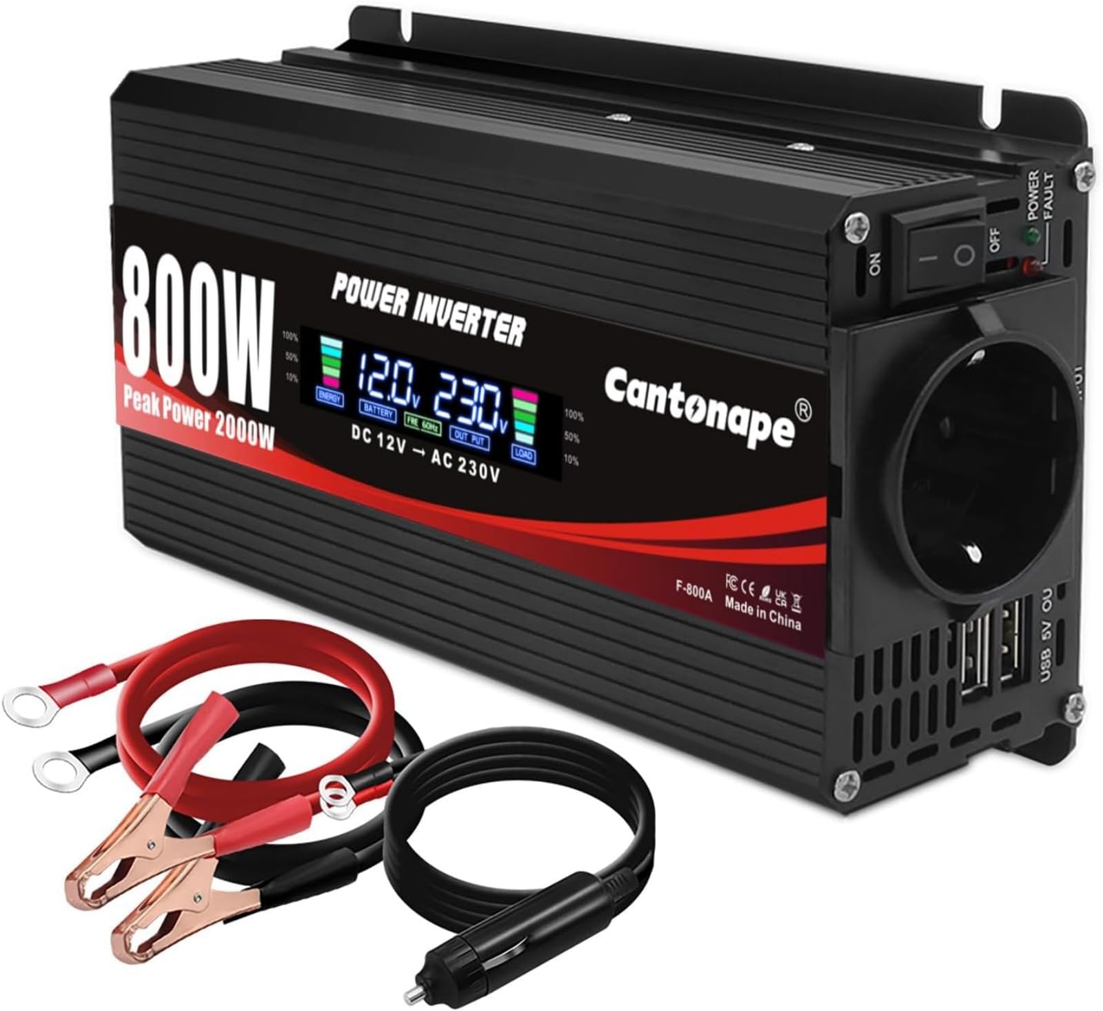 Cantonape 800w/2000w Inversor de Corriente Coche Onda modificada 12v a 220v 230v Transformador Enchufe EU, Dual USB con Pantalla LCD Monitor para Coche, Caravana, Barco, cámping