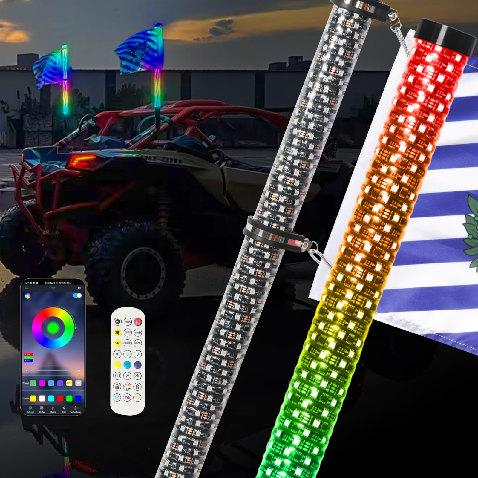 2PCS 3FT Fat Whip Lights with App + Remote Control LED Lighted Antenna Whip with Brake Function Spiral RGB Thick Whip Lights for UTV ATV SXS Can-Am RZR