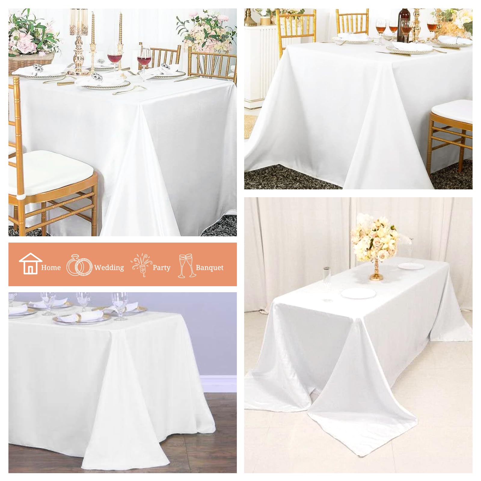 Pesonlook Confezione da 4 tovaglie rettangolari bianche, 228 x 396 cm, in poliestere lavabile, copertura per tavolo in tessuto di poliestere per matrimoni, feste, banchetti, buffet, cene di festa