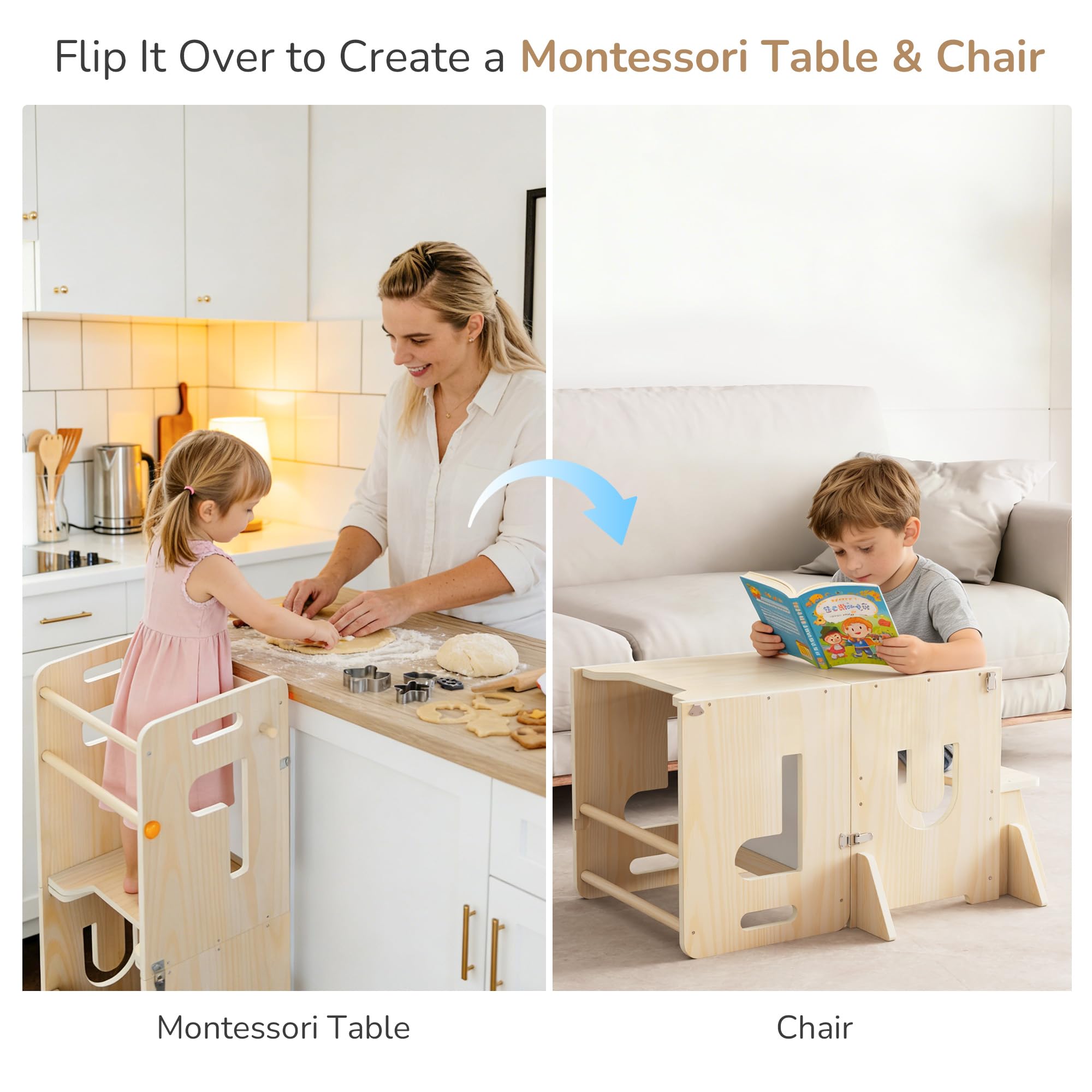 Lernturm für Kinder, klappbarer 3-in-1 Küchenhelfer Tritthocker aus Holz mit Kreidetafel, mit Sicherheitsbügel, ab 18 Monaten