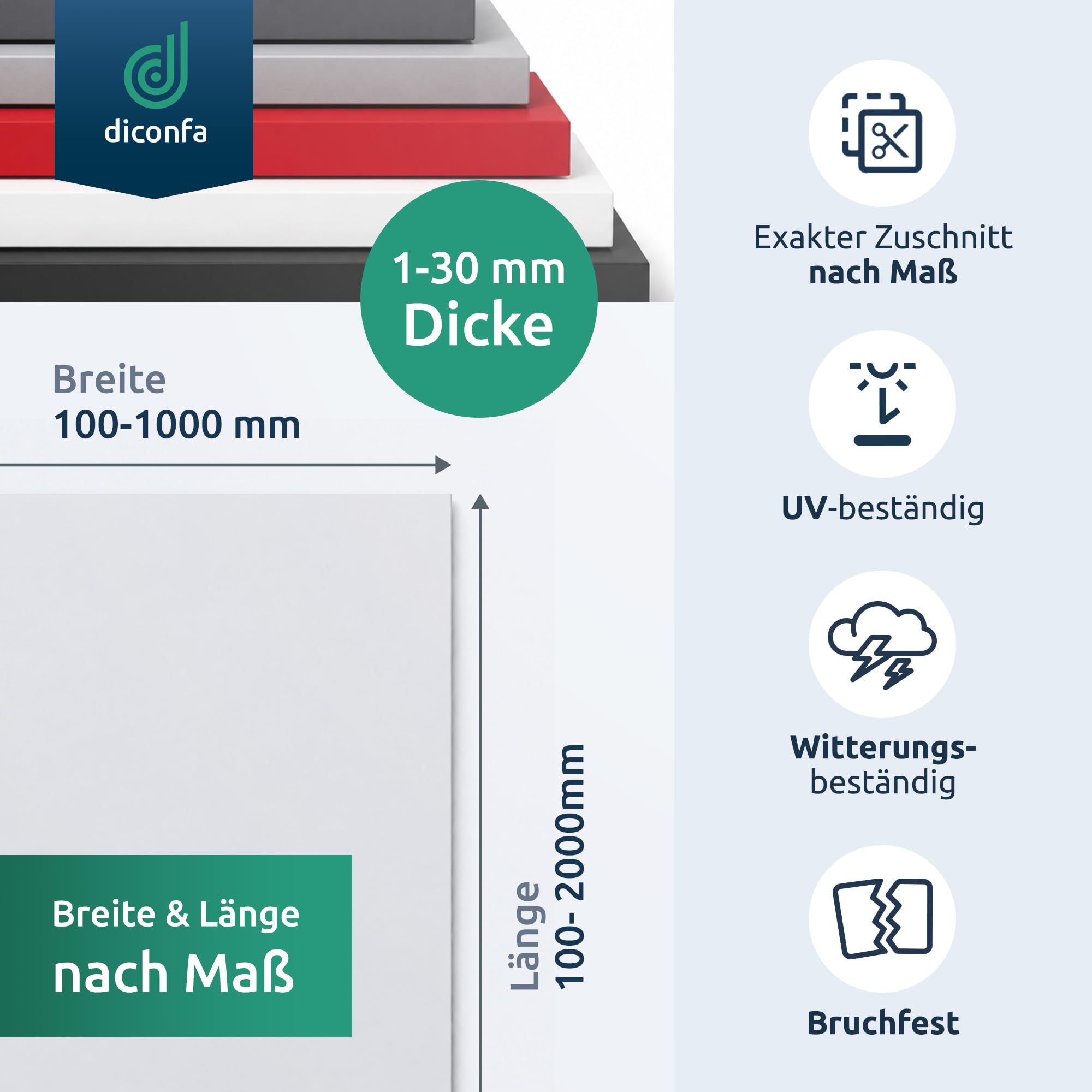 diconfa PVC Kunststoffplatte natur weiß NACH MAß - 1 bis 10mm stark - 800 x 1200mm (80 x 120cm), 6mm dick - hart seidenmatt weiss porenlos glatte Oberfläche - einseitig Schutzfolie
