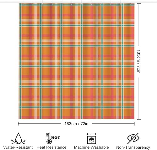 Miniatura 2 de 4 Pcs Bathroom Sets with Shower Curtain and Rugs - Modern Fashion Retro Orange White Plaid Print Bathroom Mat Set Decor Accessories for U Shape and