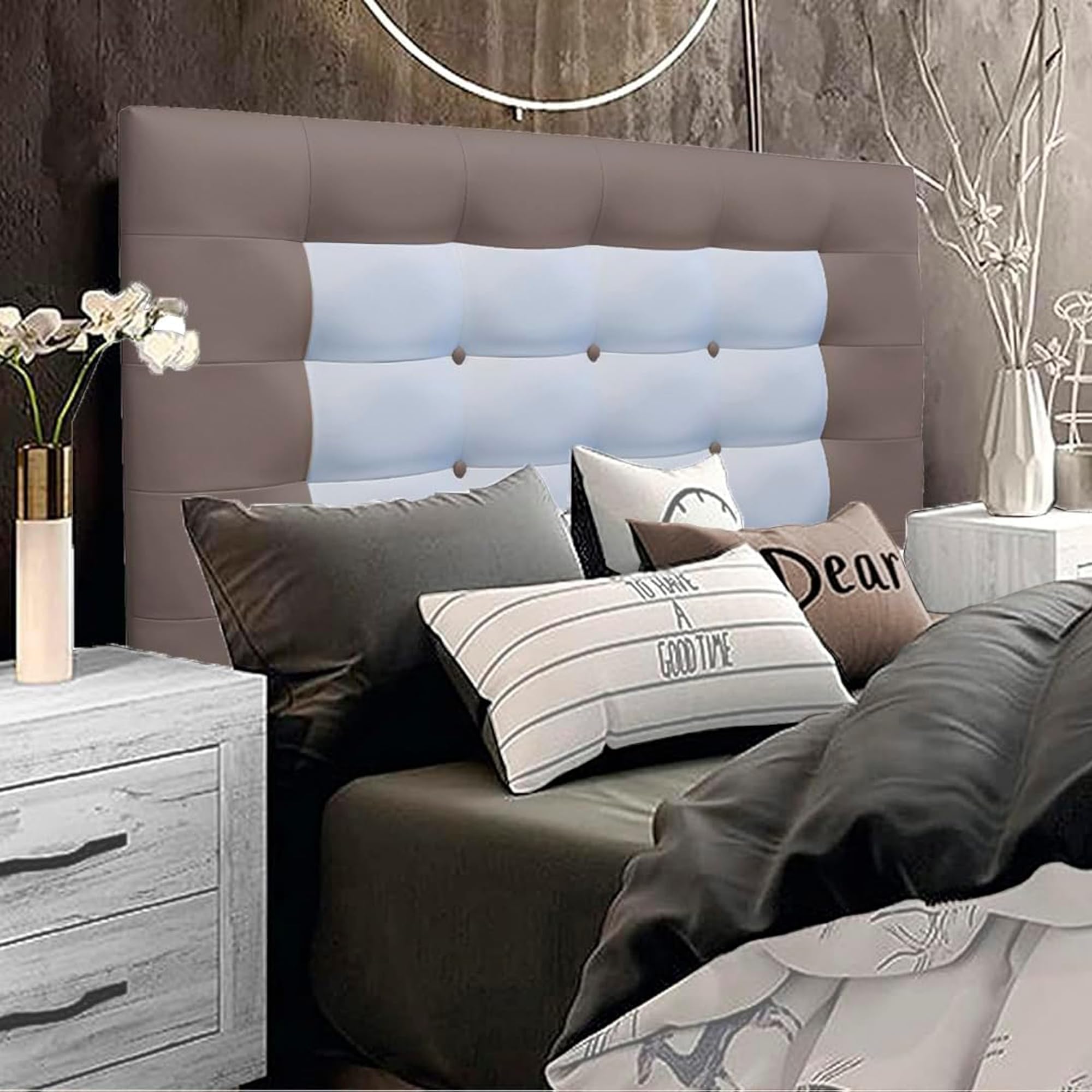 ONEK-DECCO Cabecero de Cama tapizado en Polipiel Mod. Florida con Forma de Marco y Botones,Acolchado de Espuma,de niño, Juvenil y Matrimonio, Cabezal de Colgar Altura 70cm. (135X70, Arena-Blanco)