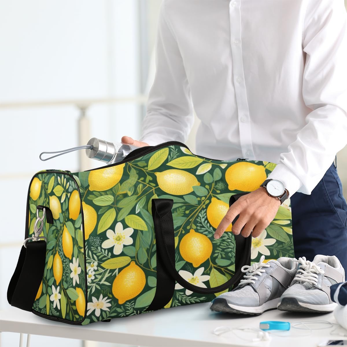 Watercolour Lemon Flower Leaves Travel Duffel Bag for Women Men Large Capacity Overnight Weekender Bags for Lightweight Waterproof Sport Gym Bag for Workout Yoga Swim