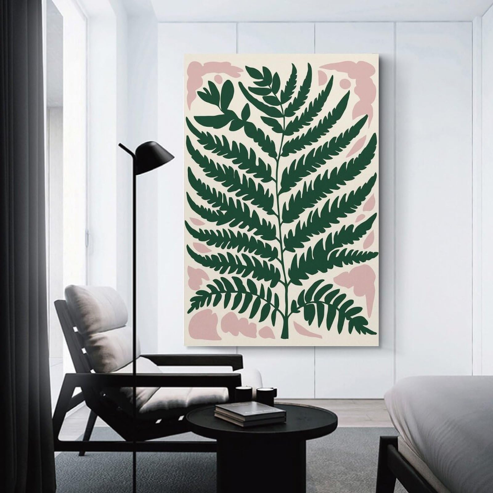 Junmoney Fern Botanical Illustration with Pink Accents Home Decor Wall Art 24x36inch(60x90cm), for Restful Interiors, Bedrooms Or Small Rooms, A Warm Accent for Relaxed Interiors