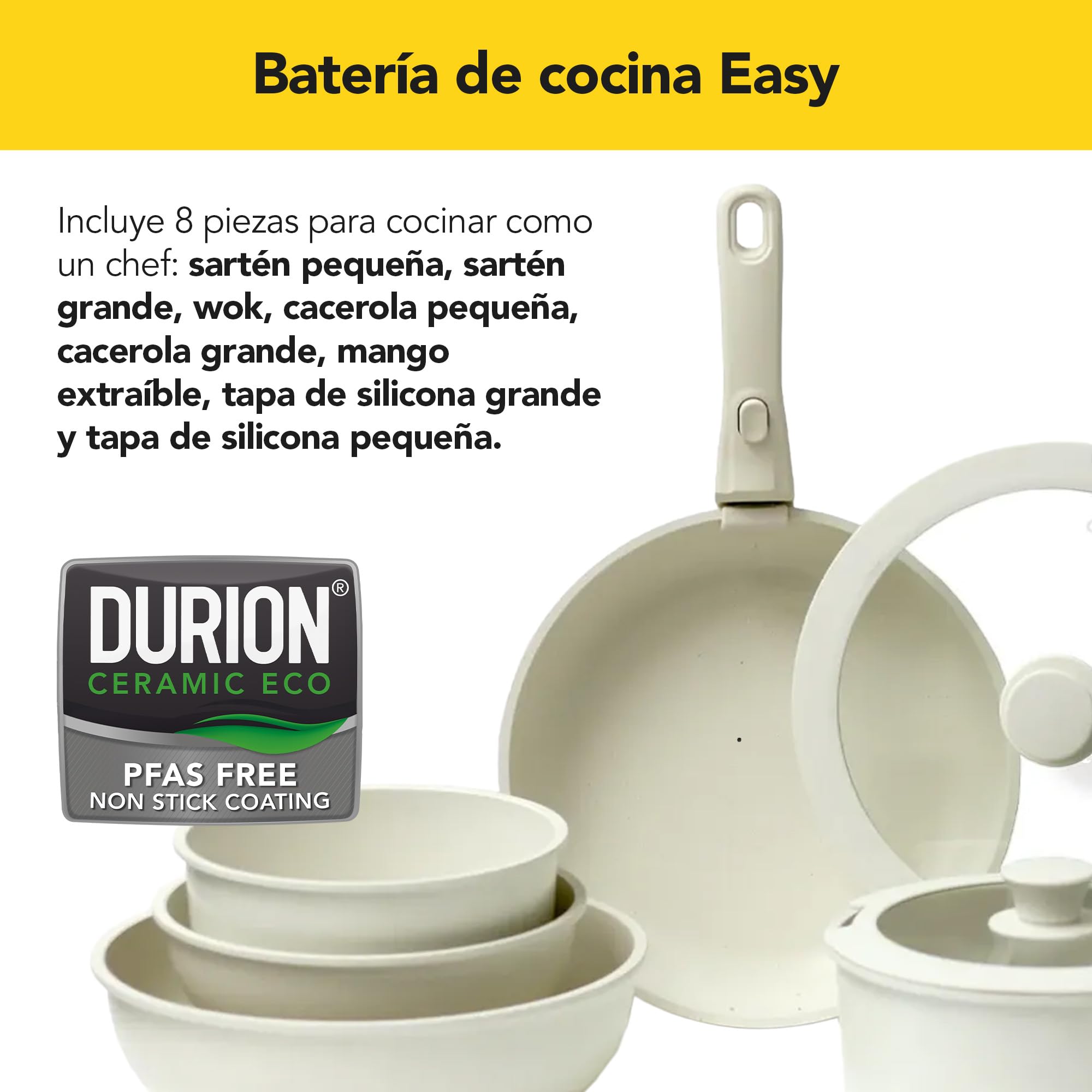 CASTEY - Batería de Cocina 8 Piezas, Modelo BAT-C8WH, Acero Inoxidable 18/10, Base de Aluminio, Recubrimiento Antiadherente Sin PFOA, Sartenes, Ollas y Cacerolas con Tapa y Mango Extraíble, Blanco