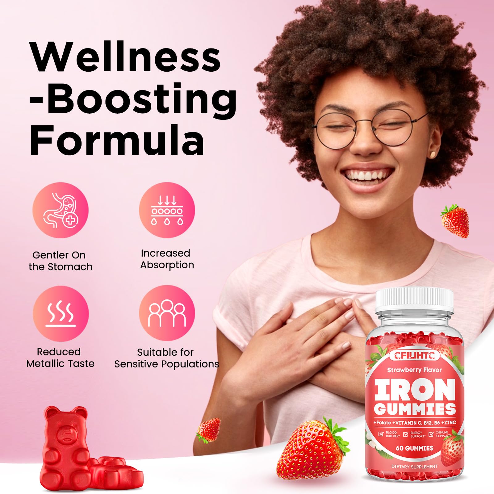 Iron Gummies for Women & Men - Iron Supplement with Vitamin B6, B12, C, Zinc, Folate for Adults & Kids - Support Iron Deficiency, Anemia, Energy Boost, Blood Builder - Sugar Free Vegan 60ct Strawberry — Amazon image 2
