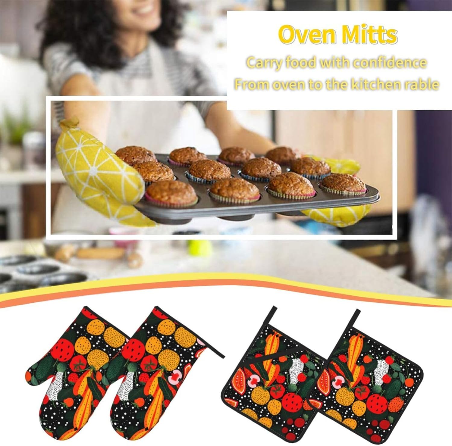 Vegetable Pattern Printed Oven Mitts + Potholders 4-Piece Set - Great for BBQ Party Cooking