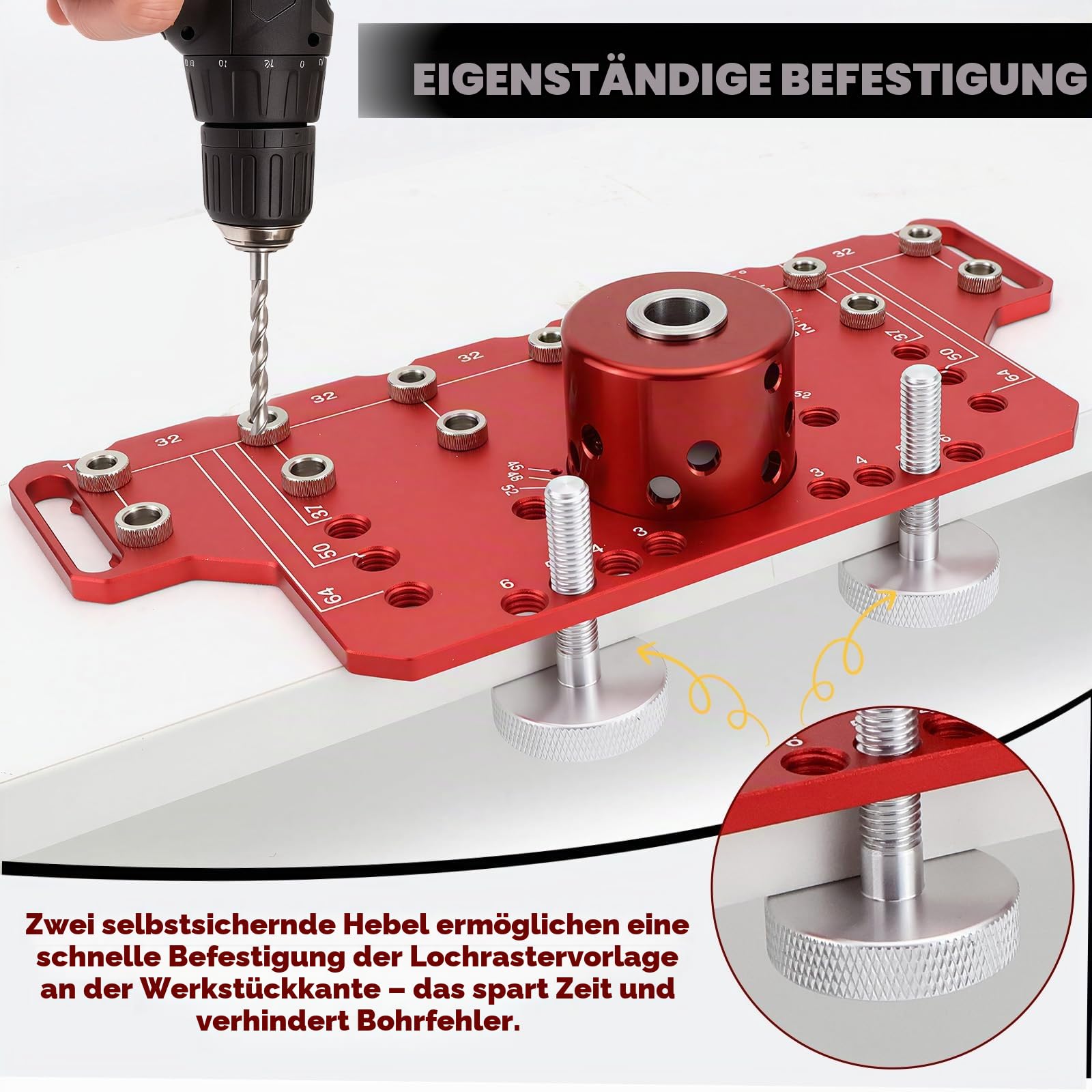 2 in 1 Bohrschablone, 35mm Scharniervorrichtung, Lochreihenschablone für Regalstifte, inkl. 5mm und 1/4 Zoll Bohrer, Präzises DIY Holzbearbeitungswerkzeug für Möbelbau