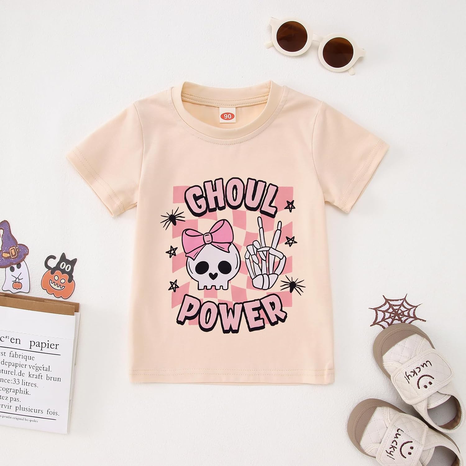 IZYJOY Toddler Baby Girl Halloween Shirt Ghoul Power Bow Skull T-Shirt Cute Skeleton Hand Spooky Season Tee Tops