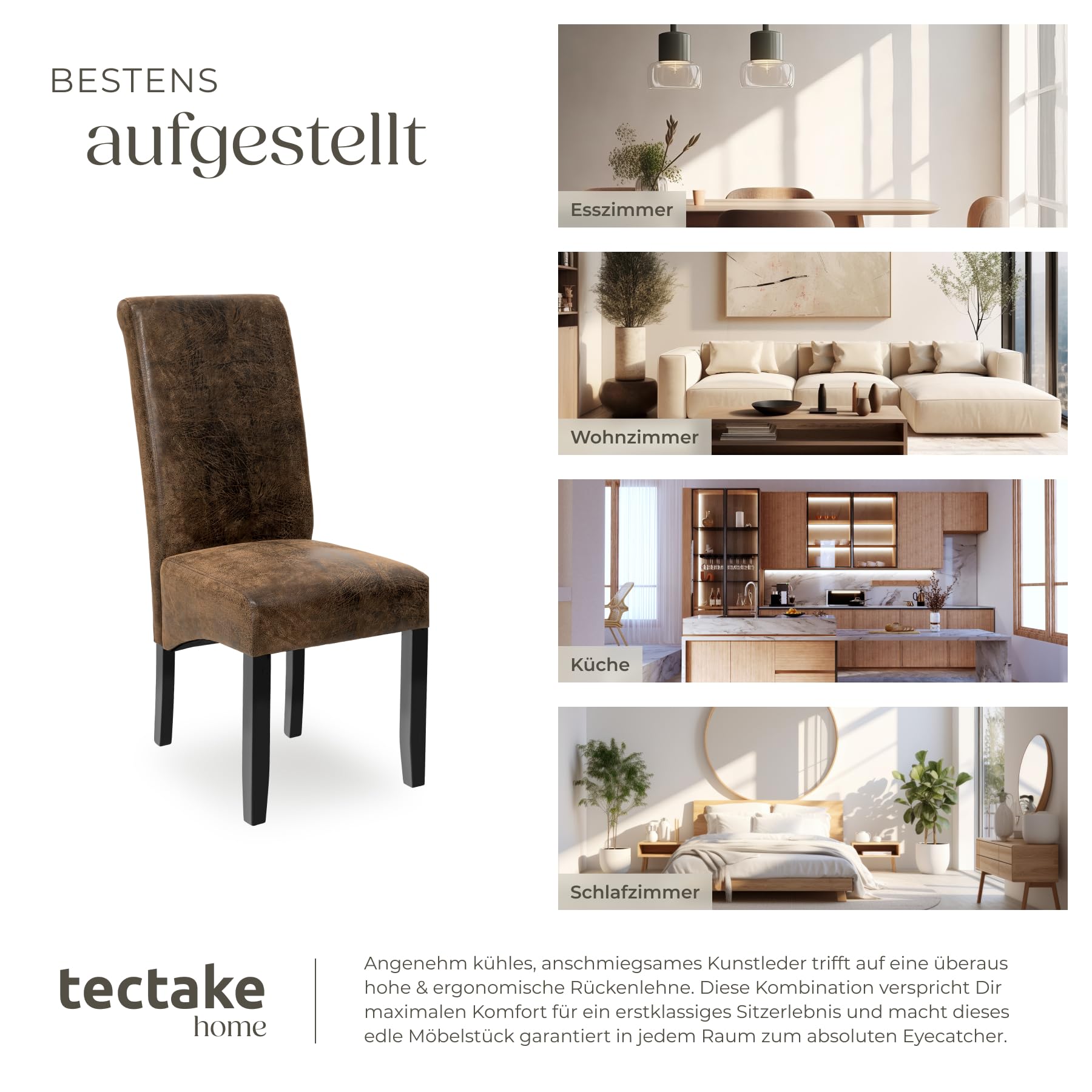 tectake® 6er Set Stühle, Kunstleder Stuhl mit hoher Rückenlehne, ergonomische Form, perfekt für den Esstisch, als Esszimmerstühle, Küchenstühle oder im Wohnzimmer - antikbraun