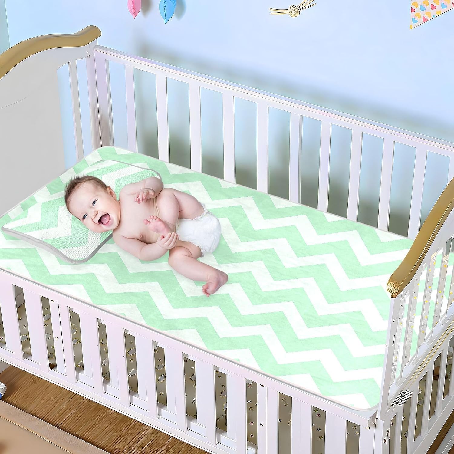 Cooling Baby Toddler Bed Mattress 28" x 52"Reusable Bed pad for Baby&Toddler Mint Green