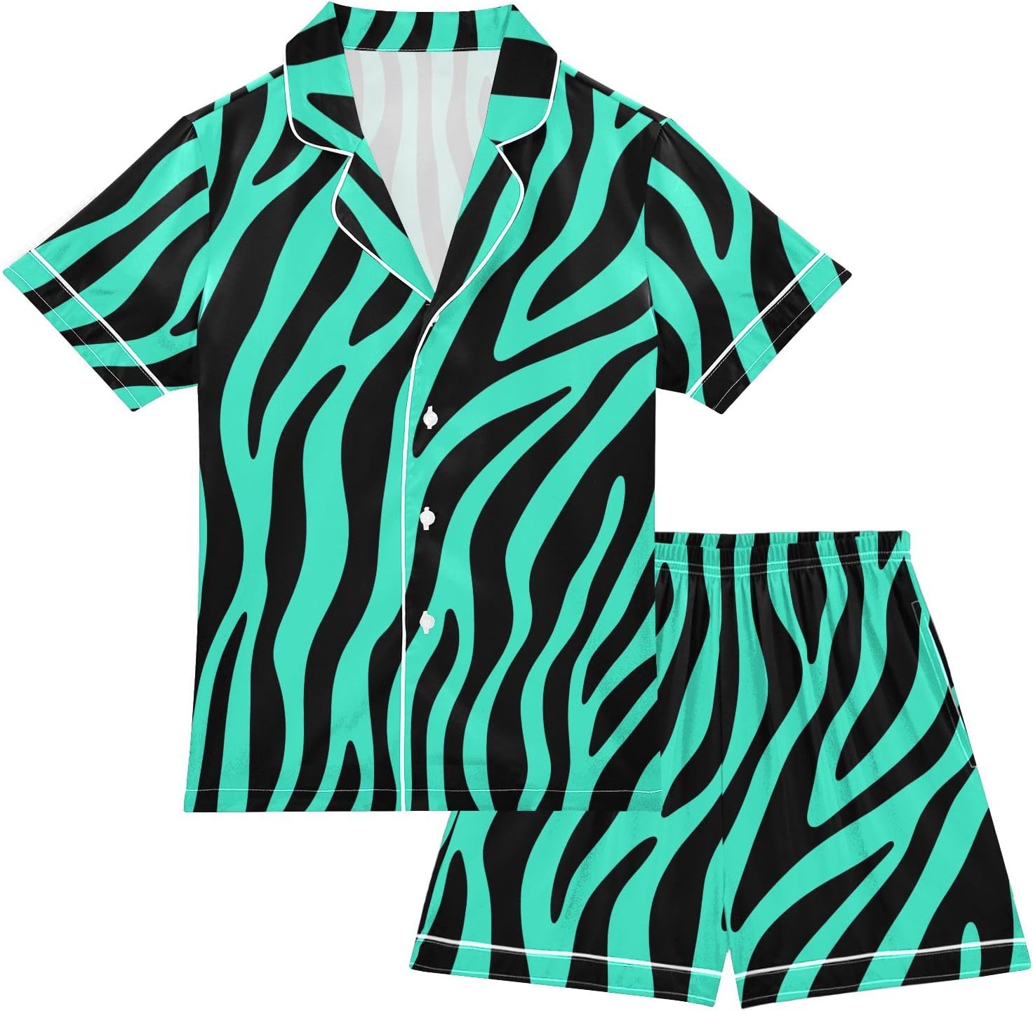Kids Satin Wear Set Mint Green Zebra Print Pattern Relaxed Fit Clothing Short Sleeve and Shorts